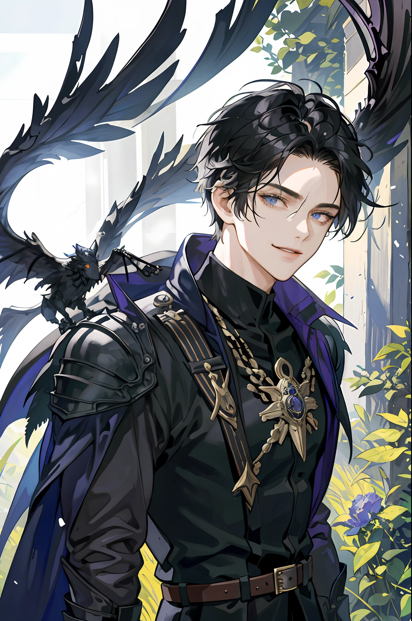 ((Masterpiece: 1.2, best quality)), 2 men, old man, nice middle, muscular, valiant, strong, black knight, short black hair, uniform, white robe, scar on right eye, black armor, fantasy, forest, blooming flowers, sunlight, fantastic light and shadow, landscape, highly detailed face, portrait, smile