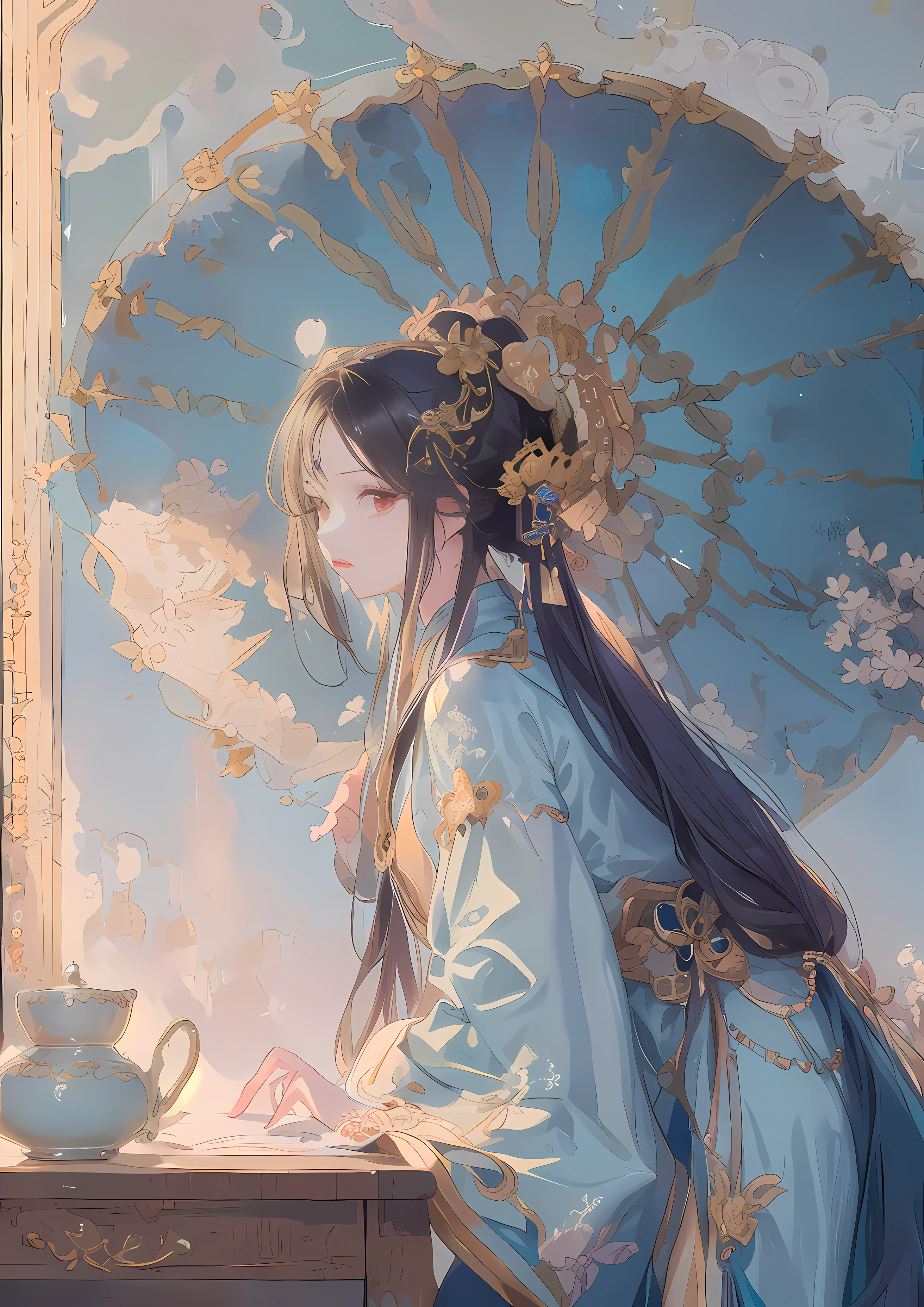 anime girl in blue dress with umbrella and tea cup, palace , a girl in hanfu, artwork in the style of guweiz, guweiz on pixiv artstation, a beautiful fantasy empress, guweiz on artstation pixiv, ((a beautiful fantasy empress)), beautiful character painting, guweiz, beautiful anime artwork, beautiful anime art