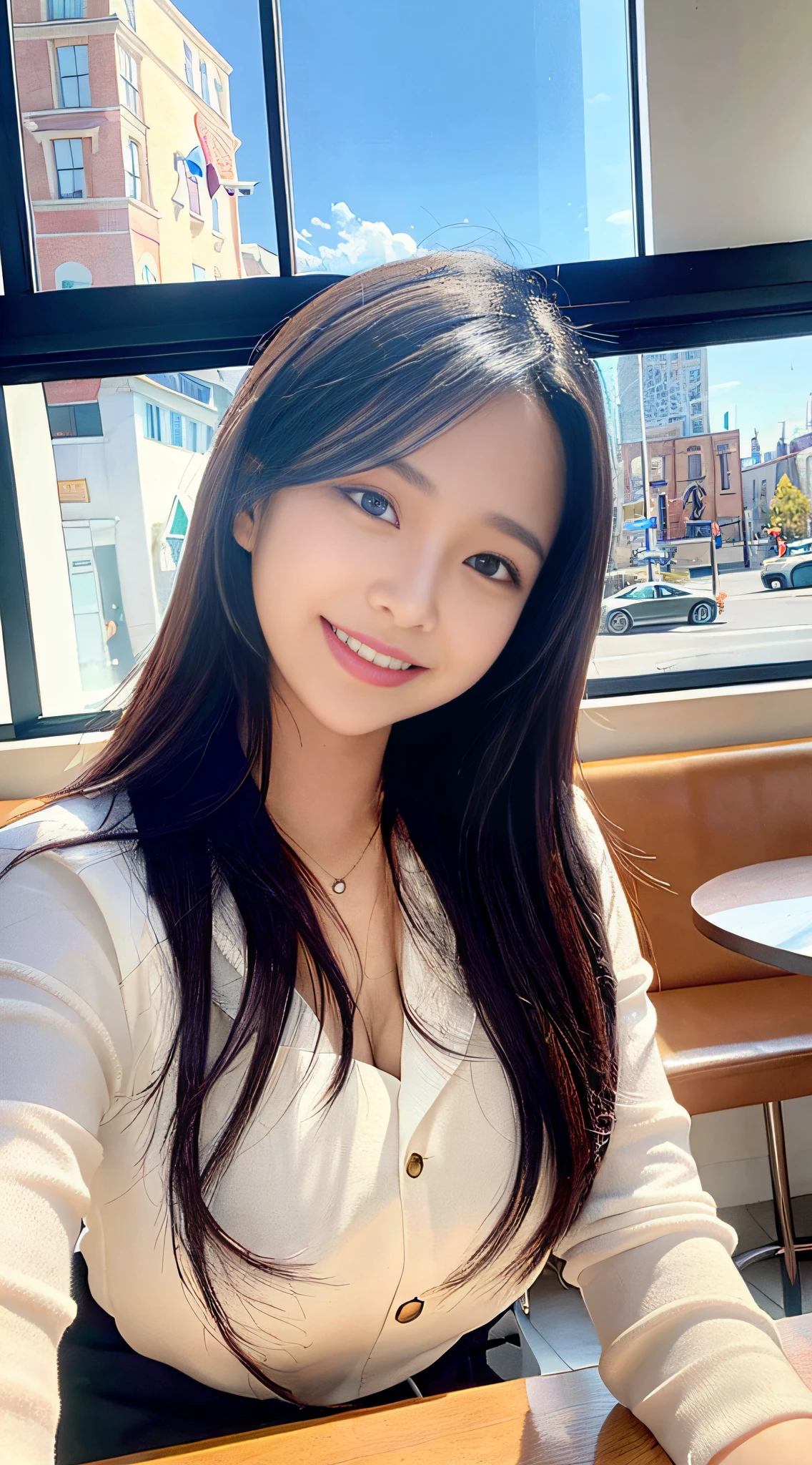 A masterpiece of the highest quality, a woman wearing a tooth caries shows her devotion in a downtown café, with a bright expression and a toxic style, through the large windows in the warm sunshine.