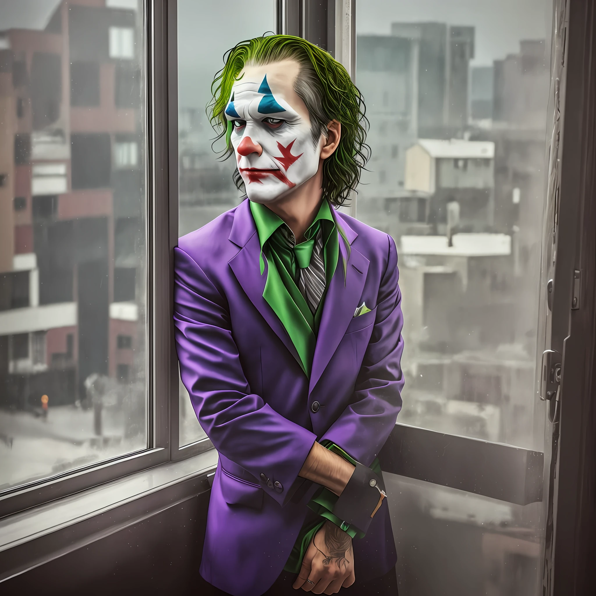 Joker looking out the window, full of determination in his gaze. --auto --s2