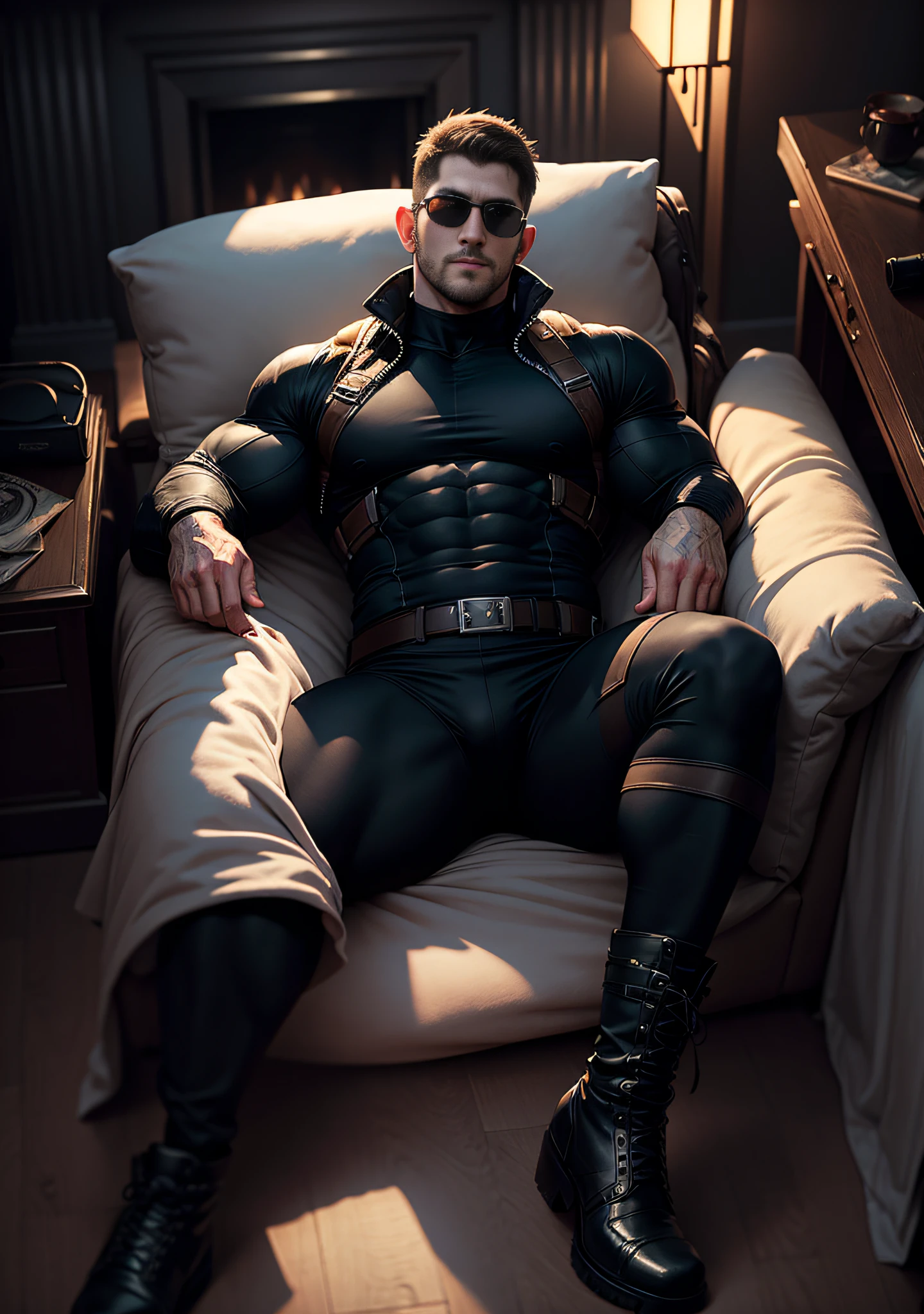 Character design (Resident Evil - Chris Redfield), dressed in dark black, lying on a crisp white and soft sofa, muscle hero, Buzz Cut, tall and burly, muscular! Wearing black sunglasses, tall burly, thickened thermal fleece spandex black tights, symmetrical patterned texture design tights, super buff and cool, high resolution commission, black military boots, attractive strong men, warm flame burning in the bedroom fireplace
