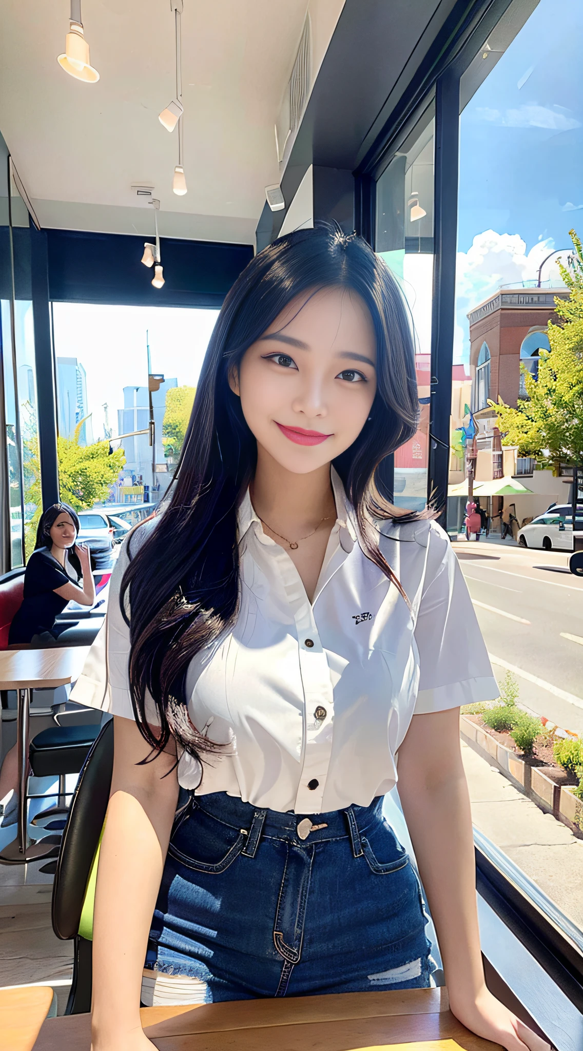 A masterpiece of the highest quality, a woman wearing a tooth caries shows her devotion in a downtown café, with a bright expression and a toxic style, through the large windows in the warm sunshine.