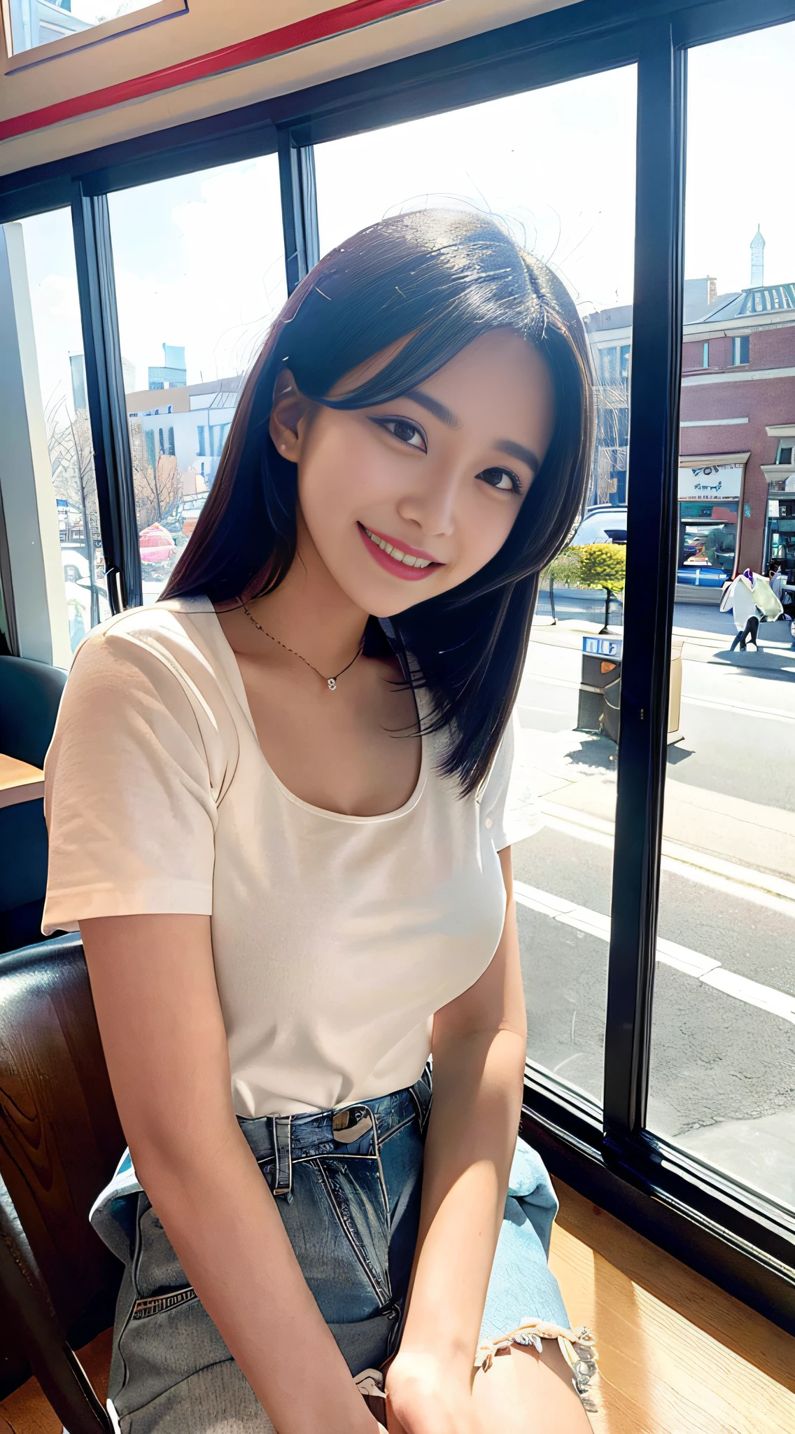 A masterpiece of the highest quality, a woman wearing a tooth caries shows her devotion in a downtown café, with a bright expression and a toxic style, through the large windows in the warm sunshine.