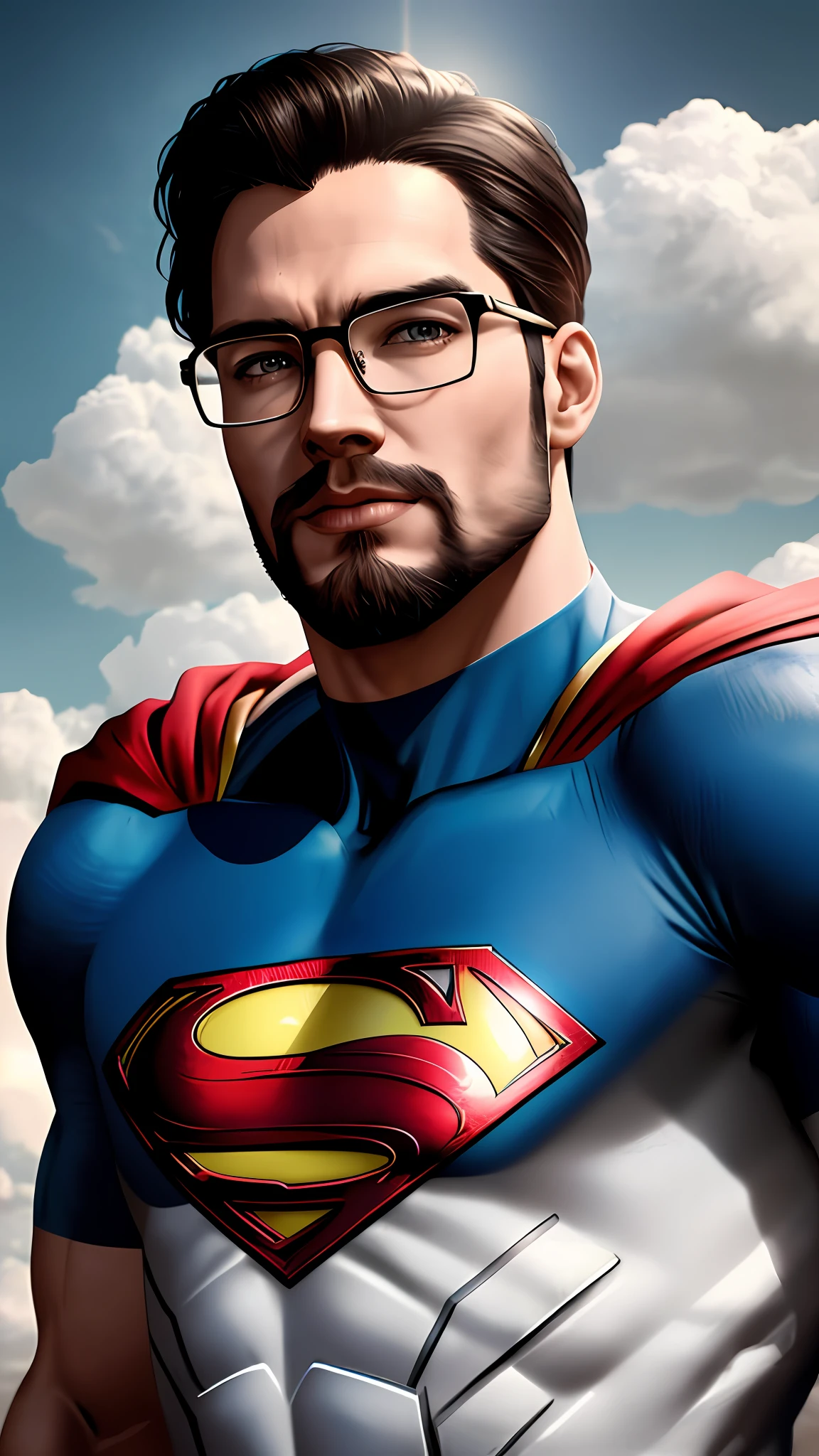 poster superman young square face wearing cap,with beard, wearing glasses half metal frame metal lenses, exudes confidence and joy in the look,best quality photography, in the background a sky full of clouds, soft lighting, soft details, octane, artstation trend, ultra high detail, ultra realistic, cinematic, masterpiece