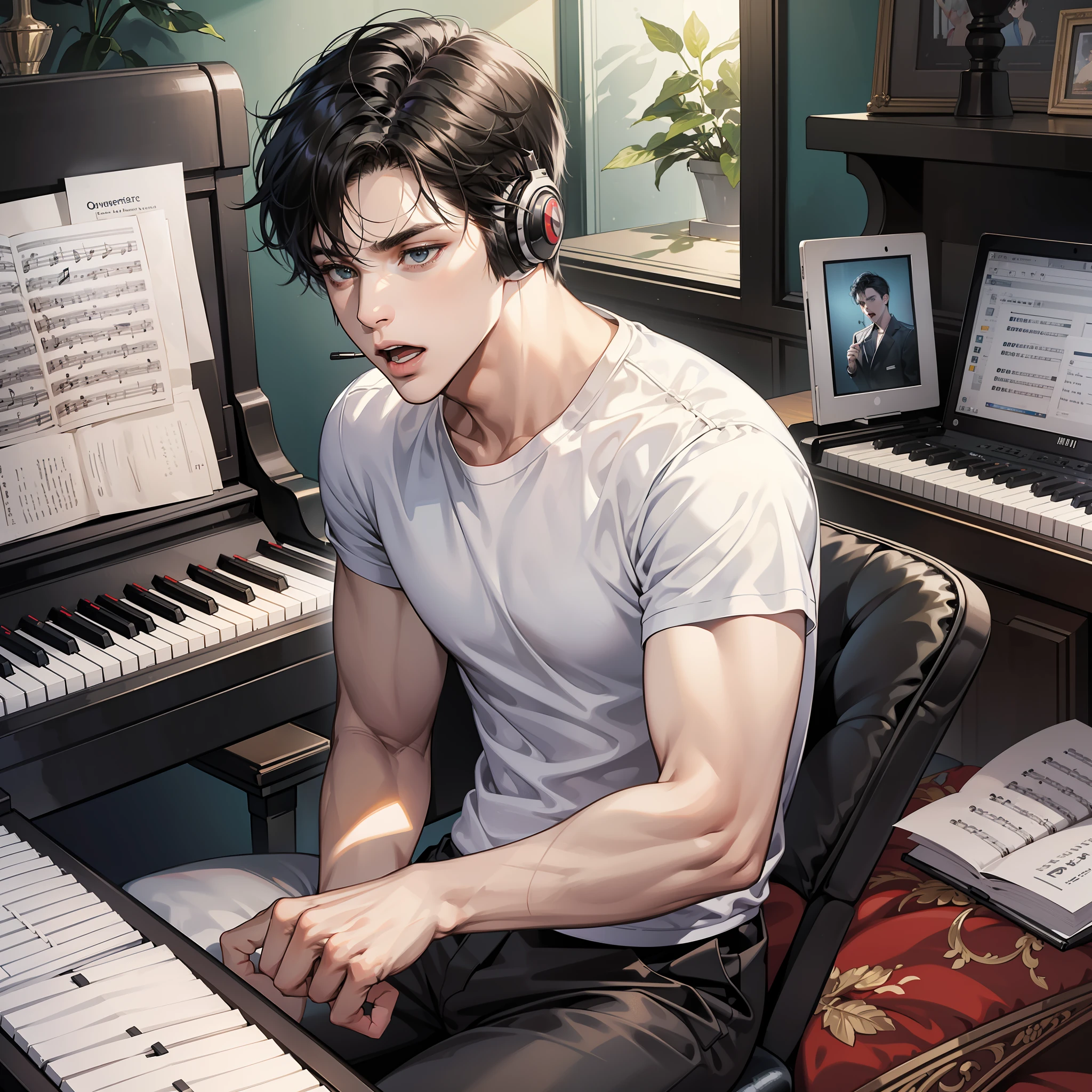 Masterpiece, high quality, best quality, HD, realistic, perfect lighting, detailed body, 1 man, short black hair, white t-shirt, serious expression, wearing headphones, open mouth, singing, sitting in front of the piano, playing the piano, facing the computer monitor, in the room