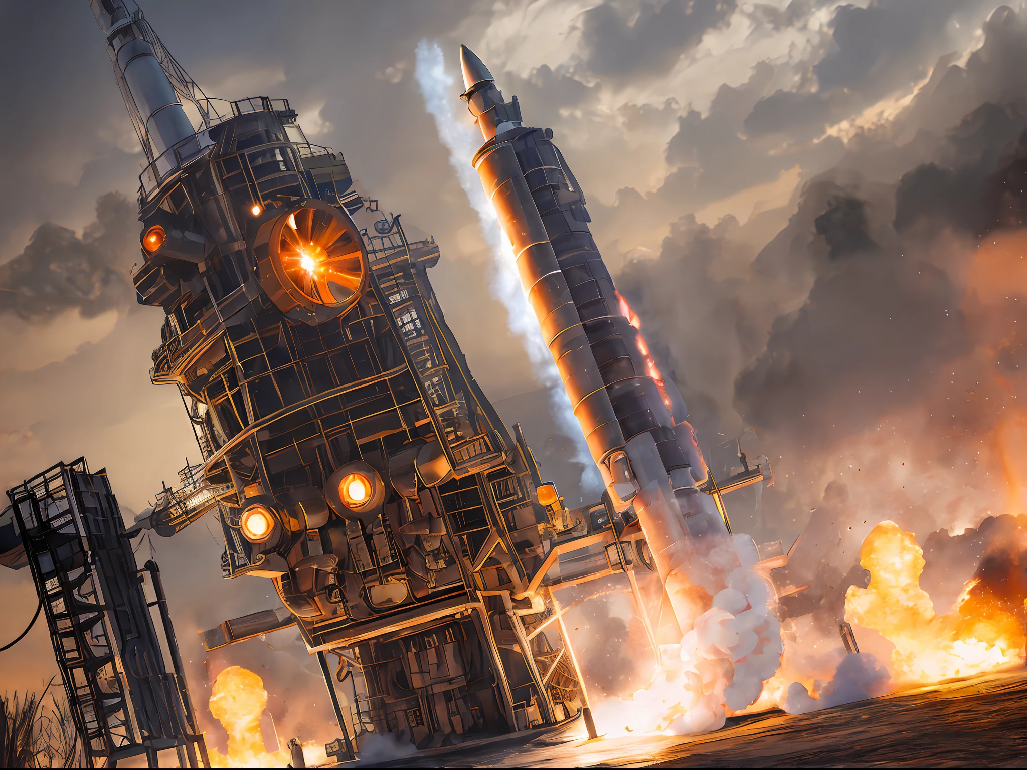 Dark, apocalyptic, mysterious, weird, rocket engine ignition, spitting fire, gas waves, the camera is pointed at the lower part of the rocket,