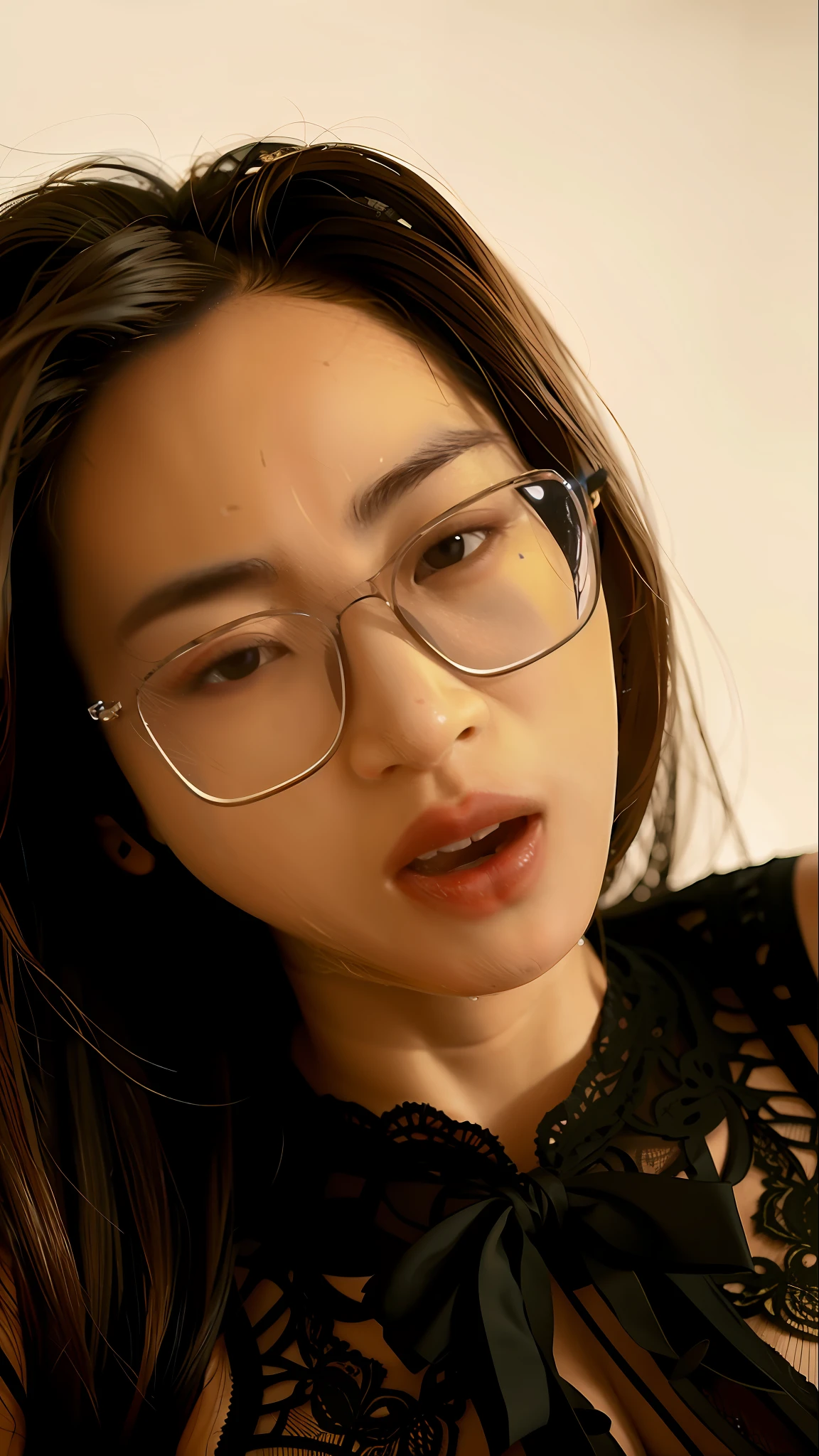 Sexy revealing suspender pajamas, lace, off-the-shoulder chest, textured long hair