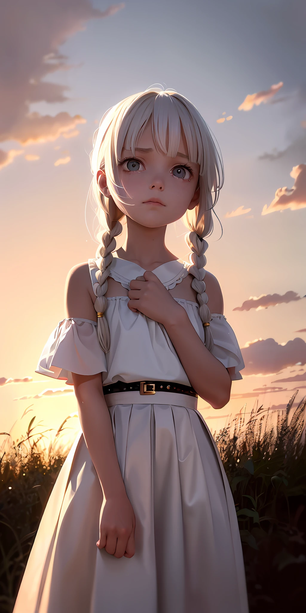 Excellent, masterpiece, white hair, golden eyes, American high school girl, looking up, upper body, hair, fair skin, side braids, full of sad feelings, withdrawn, inferior, aggrieved expression, prairie, sunset, wearing a pure white long skirt, skirt without gold decoration