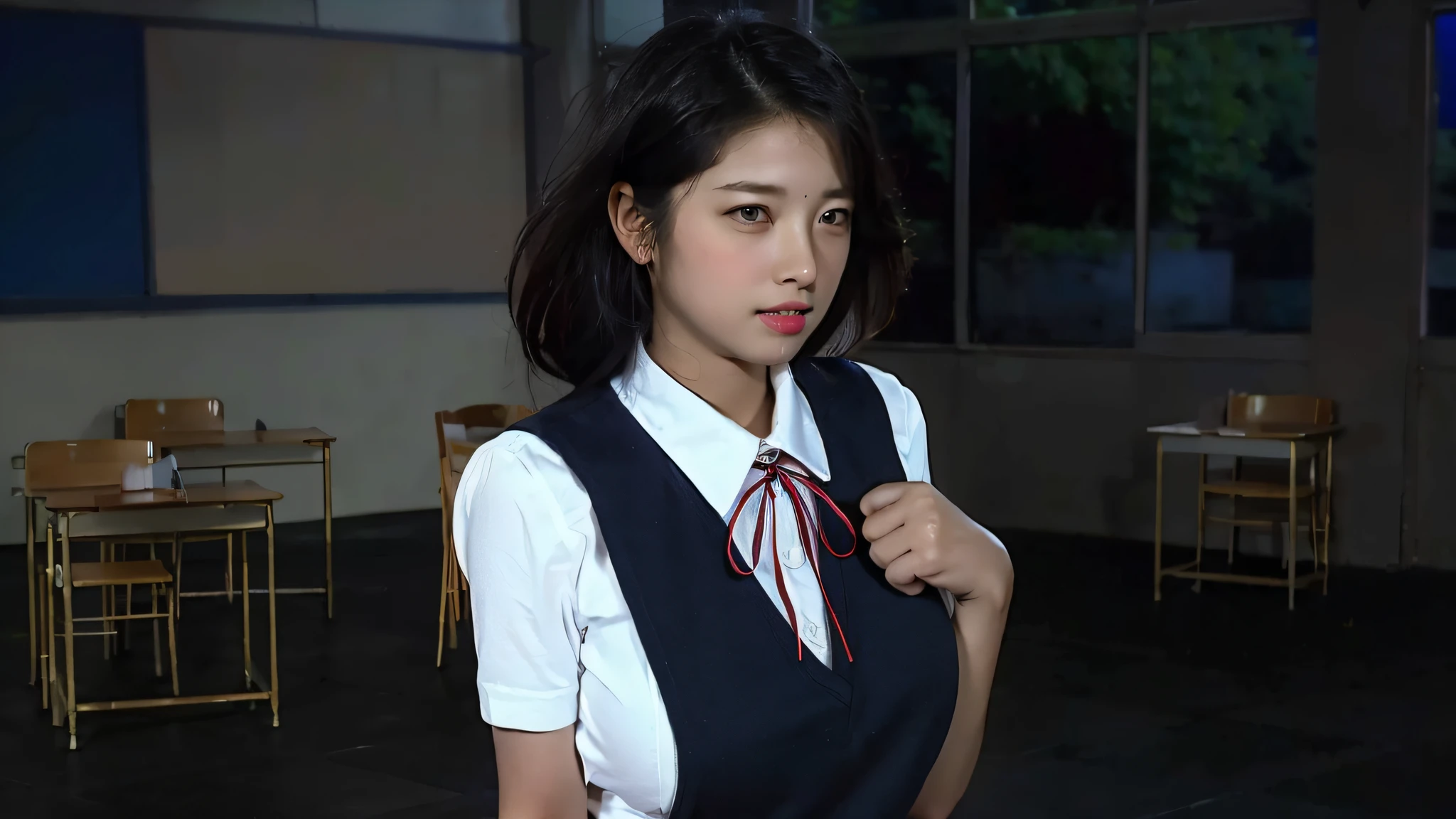 ulzzang-6500-v1.1, (raw photo:1.2), (photorealistic:1.4), beautiful detailed girl, very detailed eyes and face, beautiful detailed eyes, ridiculous, incredibly ridiculous, huge file size, super detailed, high resolution, very detailed, best quality, masterpiece, kemomimi, ((Japanese girls' high school uniform)), illustration, very detailed, CG, unified, 8k wallpaper, amazing, Fine details, masterpiece, best quality, very detailed CG uniform 8k wallpaper, light on face, cinematic lighting, 1girl, , ((no panties)), ((dynamic pose))), (camel toe), (half), (pantyhose), (knee-bending leg sitting))