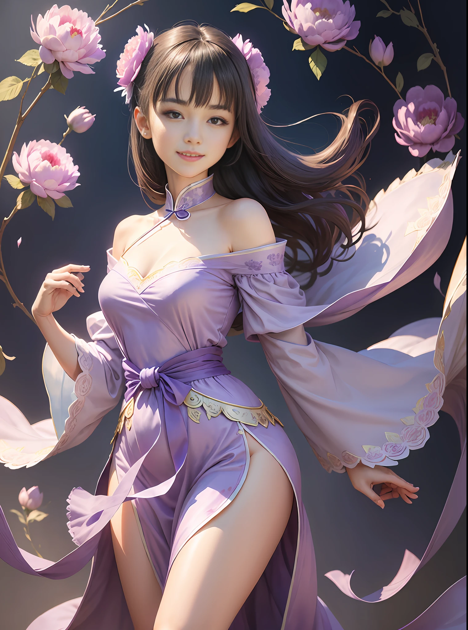 1girl, (full body), (upper body human, lower body like horse waist up)), smile, beautiful lighting, best quality, masterpiece, super high resolution, realistic (watercolor style: 1.3), (lots of purple peony flower background: 1.4), wearing elegant off-the-shoulder aqua blue white porcelain hanfu dress, holding Chinese feather fan