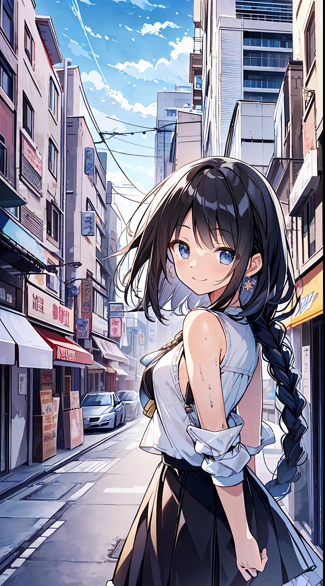 Top Quality, Masterpiece, Ultra High Definition, 8K, Summer Sky, Early Summer, (Flared Skirt, Flight Jacket, Sneakers), Shojo Manga Style , One, Soft Line Art, Digital Enhancement, Shojo Manga Touch, Shojo Manga Core, Flowing Fabric, Close Up, (Shoulder Length and Short Braid)), Wet Hair, Soft Drawing, Beautiful Black Hair, Clear Eyes, (( Teasing smile)), ultra-detailed digital anime art, clear face depiction, ultra-detailed shoujo manga character art, clear facial features, ultra-detailed manga style, top quality colors, hand gestures, city landscape, looking up at the sky, angle that can be seen to the feet