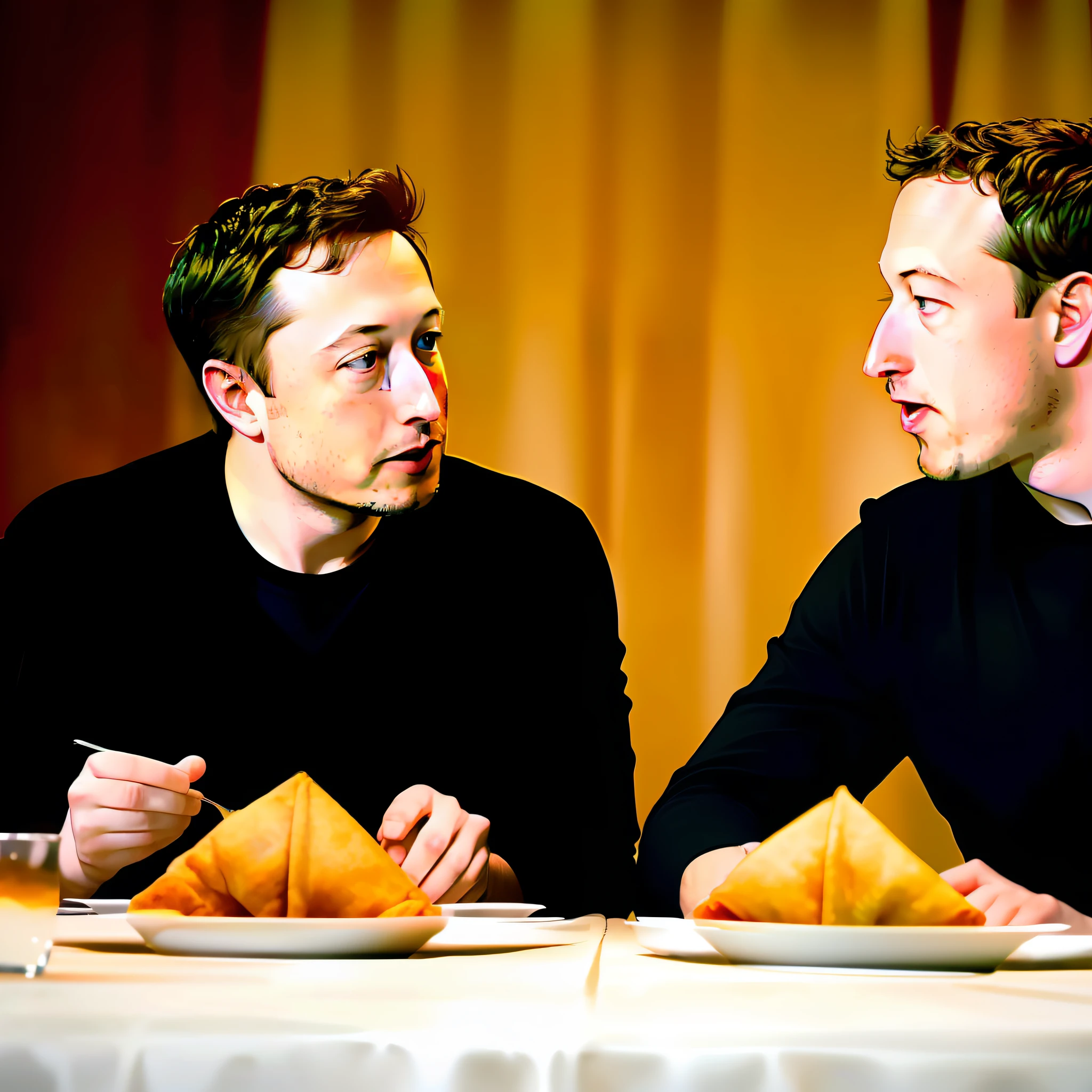Detailed photo of Elon Musk and Mark Zuckerberg sitting together at table and eating samosas, hip level shot, detailed face, photo realistic, there is a plate of samosas on the table, Elon musk and Mark Zuckerberg eating samosa, 8k resolution,