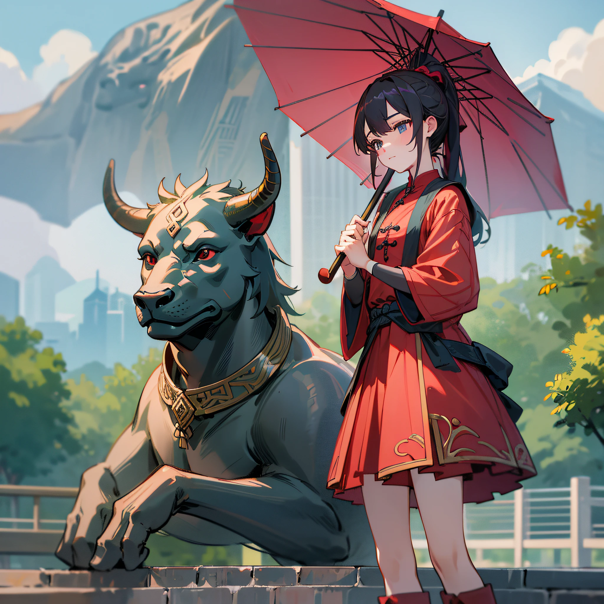 zhongguo, northeast, summer, Afternoon, After the rain, capped mountains, park, Bronze bull sculpture, tourist, With an umbrella, small girl, Red dress, ponytail, Wait for mom, close-up, Hyperrealism, Sony FE GM, UHD, high details, high quality --auto --s2