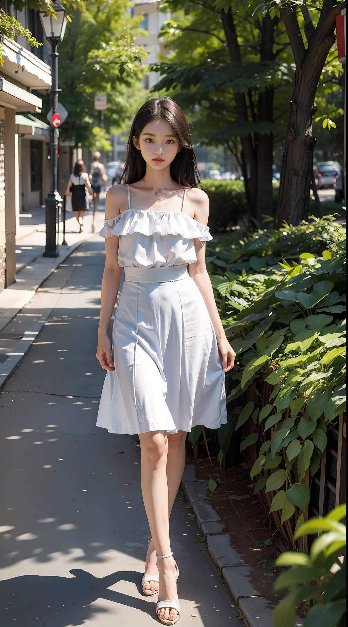 Best quality, full body portrait, delicate face, beautiful face, 20 years old girl, slim body, small bust, off-the-shoulders, long skirt, college campus,