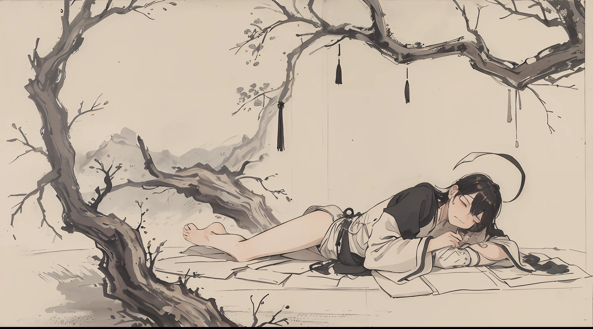 (Masterpiece, best quality: 1.2), traditional Chinese ink painting, ground, 1 man, full body, lying down, sleeping, closing eyes,