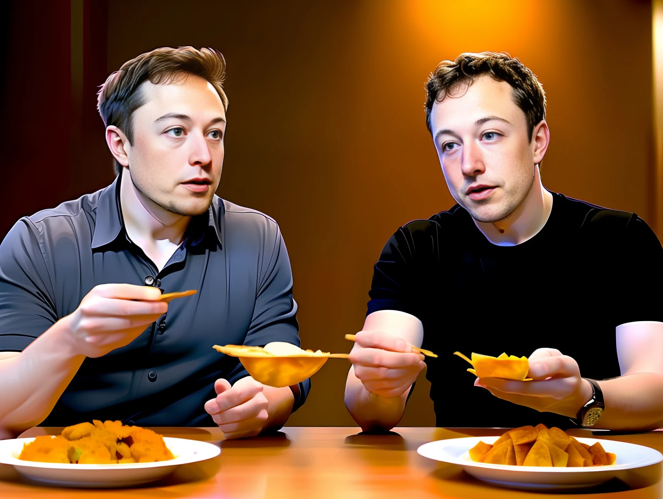 Detailed photo of Elon Musk sitting together with Mark Zuckerberg ,eating samosa at table, detailed face,medium close up view, photo realistic, two men sitting together at table, Elon musk and Mark Zuckerberg eating samosa at table, 8k resolution,