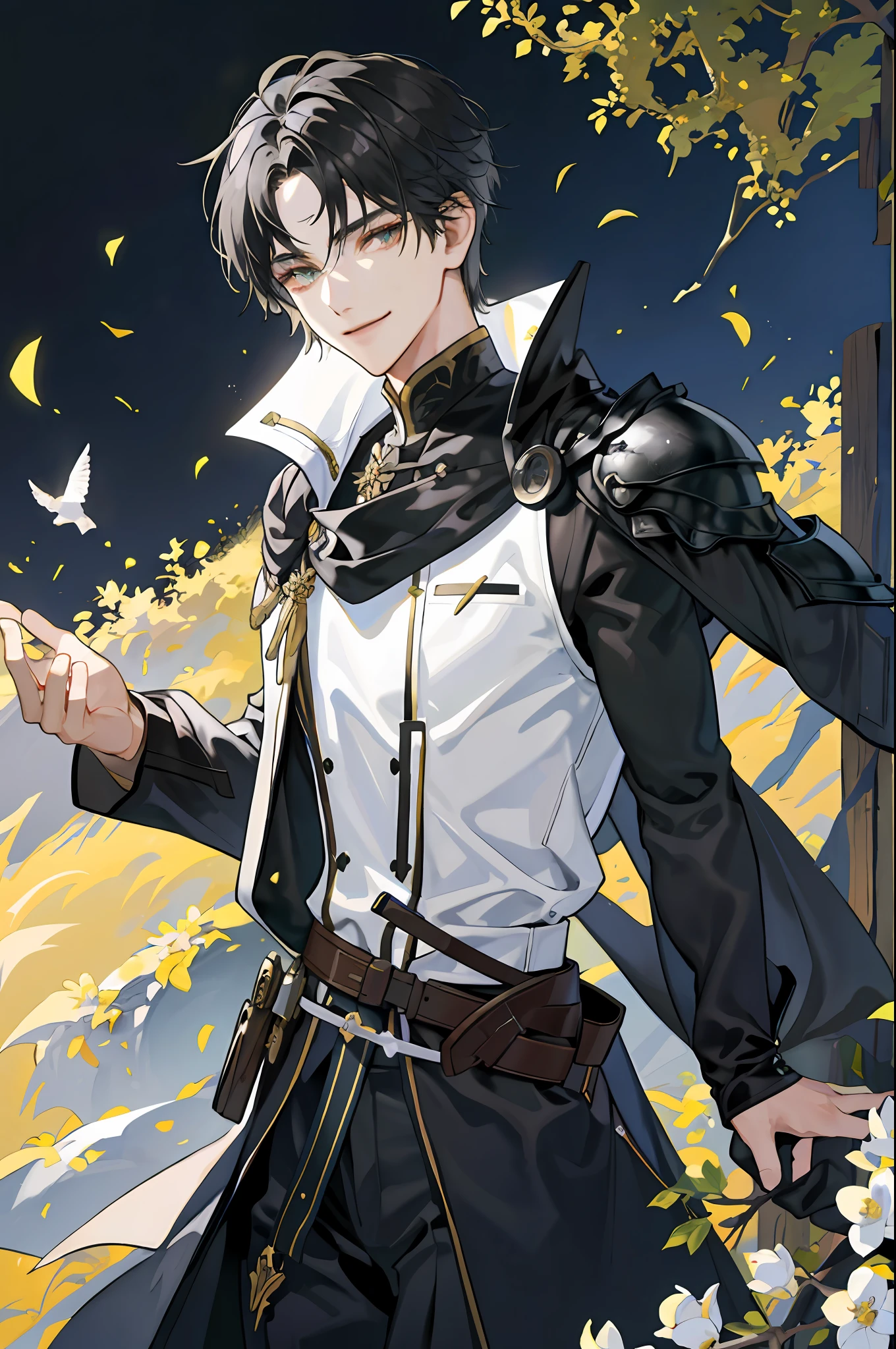((Masterpiece: 1.2, best quality)), 2 men, old man, nice middle, muscular, valiant, strong, black knight, golden eyes, short black hair, uniform, white robe, scar on right eye, black armor, fantasy, forest, blooming flowers, sunlight, fantastic light and shadow, landscape, highly detailed face, portrait, smile