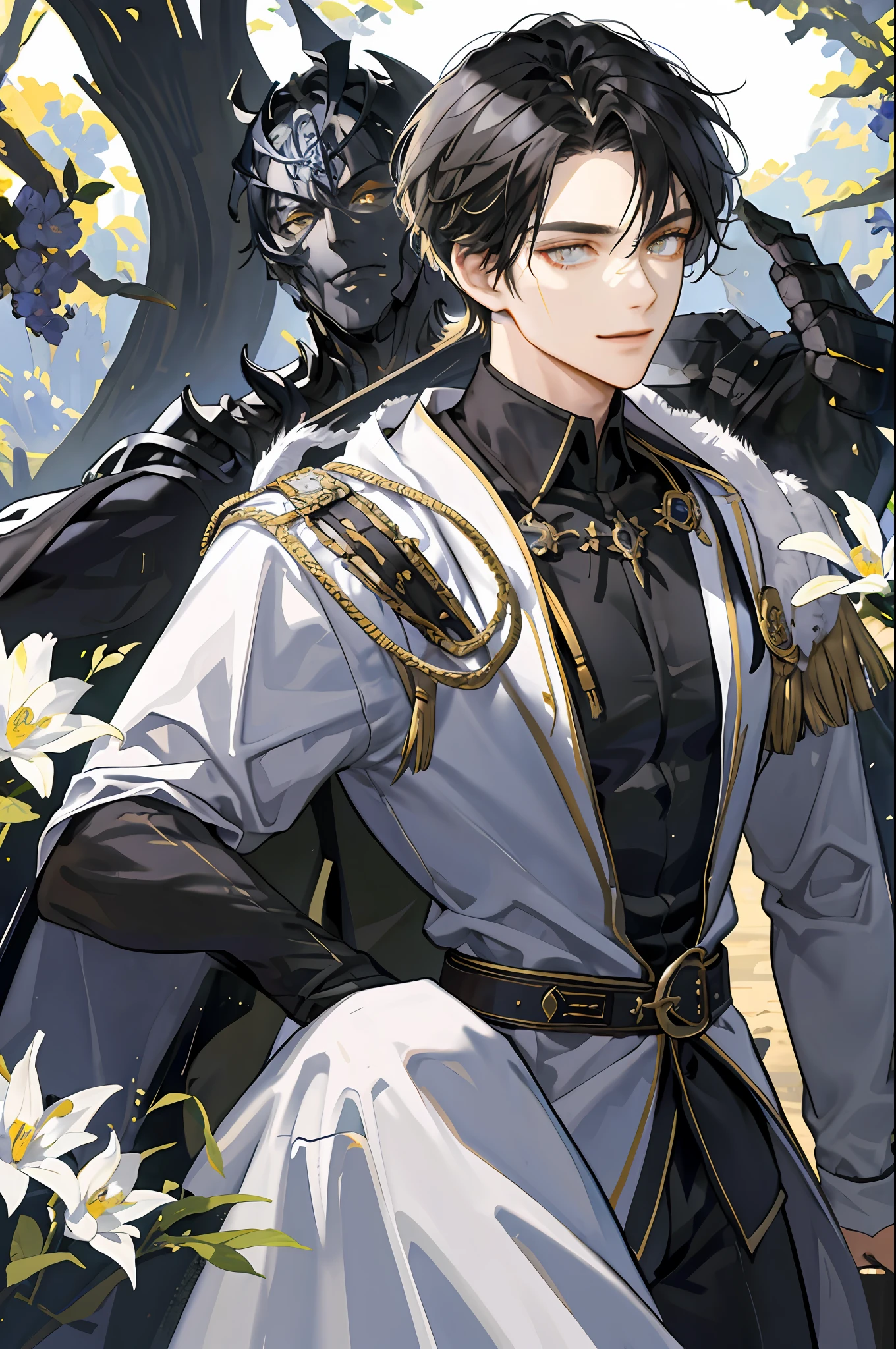 ((Masterpiece: 1.2, best quality)), 2 men, old man, nice middle, muscular, valiant, strong, black knight, golden eyes, short black hair, uniform, white robe, scar on right eye, black armor, fantasy, forest, blooming flowers, sunlight, fantastic light and shadow, landscape, highly detailed face, portrait, smile