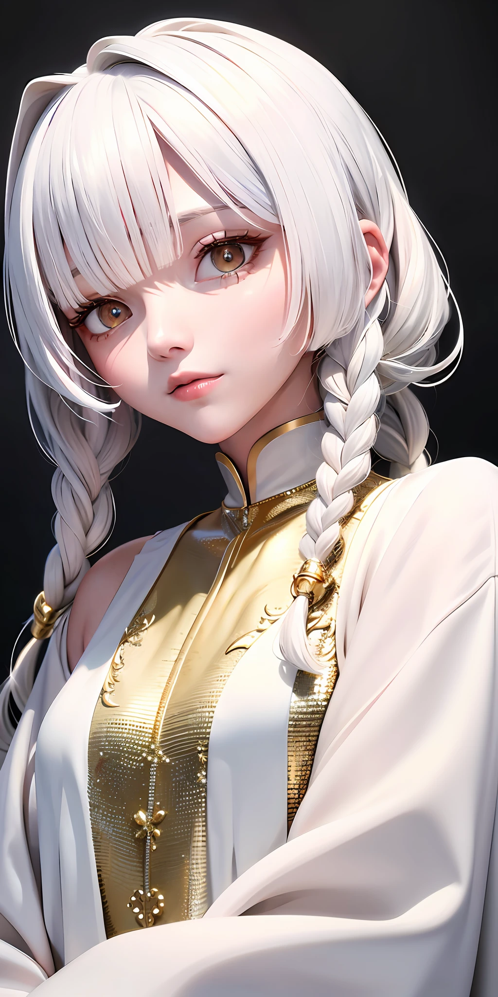 best quality, masterpiece,white hair, gold eyes,white clothes, looking up, upper body,hair strand,Fair skin,side braids