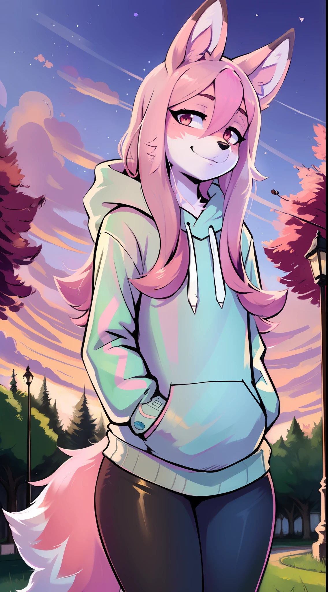 Nazuna Hiwatashi, 1girl, outside, solo, pink hair, body fur, fox ears, fox tail, high res, clothed, furry, sharp focus, colorful, wolking on the park, by Zackary911, Kenket, Kilinah, Zackary911, looking at the viewer, (detailed Nazuna Hiwatashi), (detailed body), (detailed lighting), smug smile, half-closed eyes, white hoddie, Black leggings