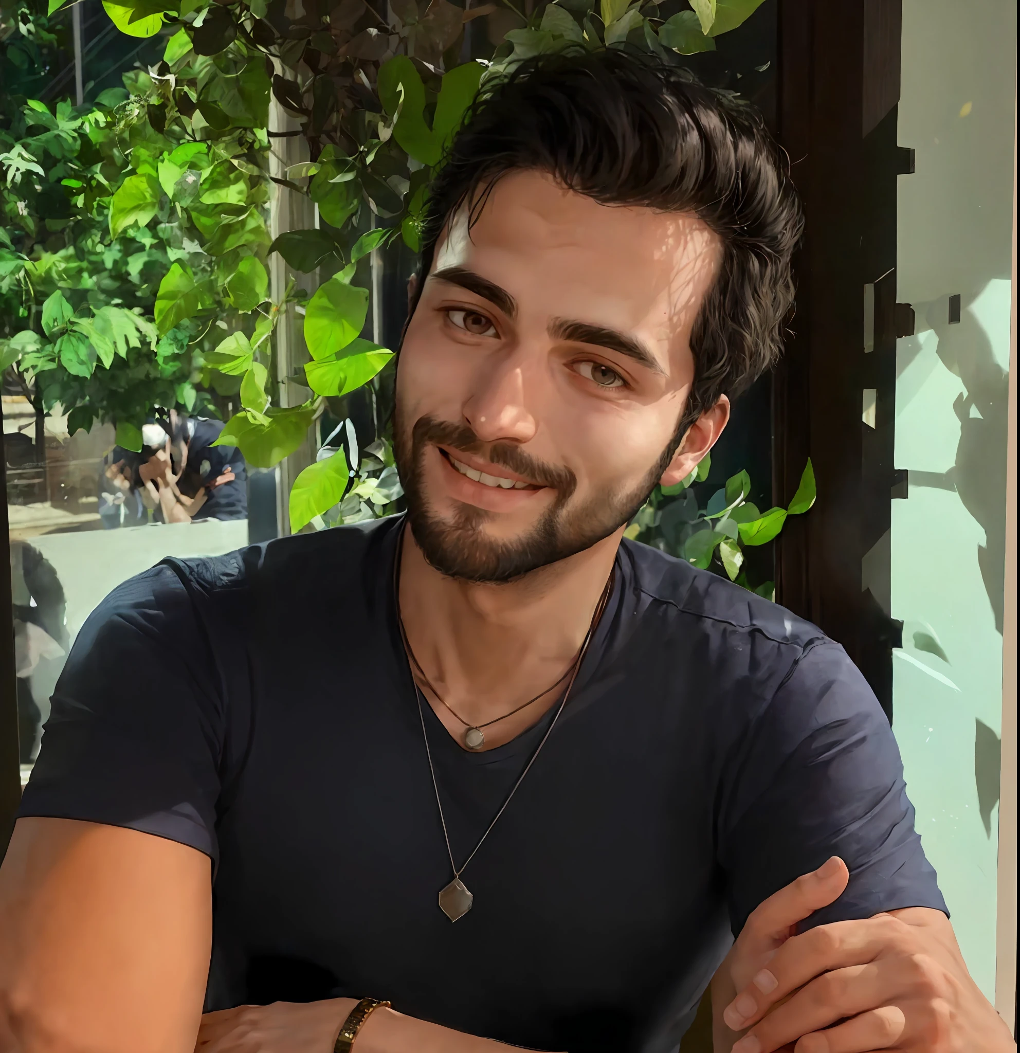 smiling man with a beard and a necklace sitting in front of a window, headshot profile picture, aykut aydogdu, avatar image, christian dimitrov, caio santos, mohamed chahin, ahmad merheb, alexandros pyromallis, by Nándor Katona, aykut aydogdu zener, george doutsiopoulos