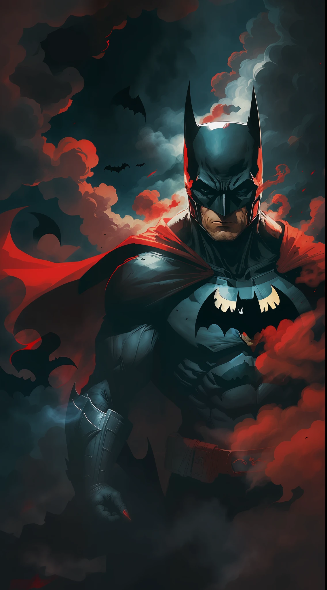 Batman in a red smoke cloud with his cape raised, inspired by Bill Sienkiewicz, Paul Byrd, inspired by Frank Miller, Zoran Mušić, Relya Penezic