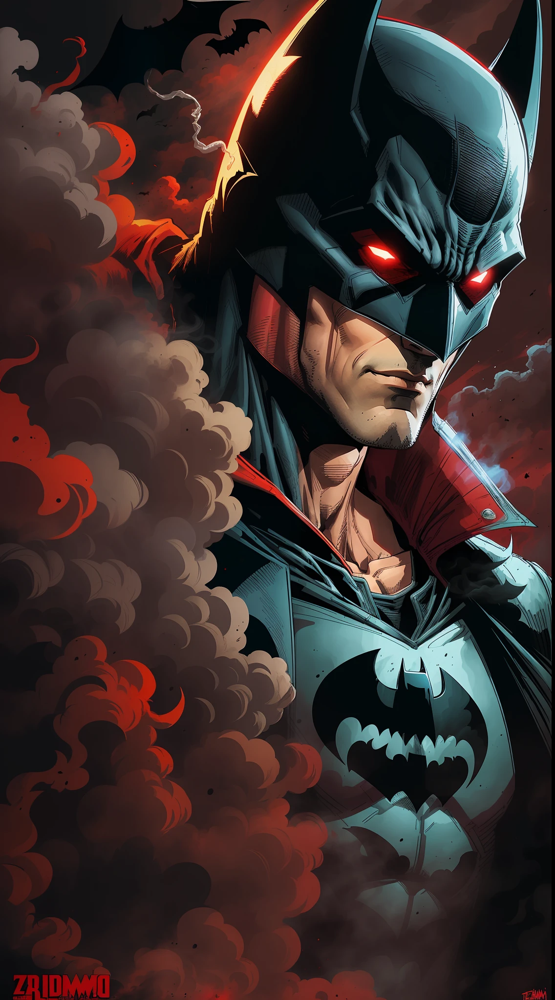 Batman in a red smoke cloud with his cape raised, inspired by Bill Sienkiewicz, Paul Byrd, inspired by Frank Miller, Zoran Mušić, Relya Penezic