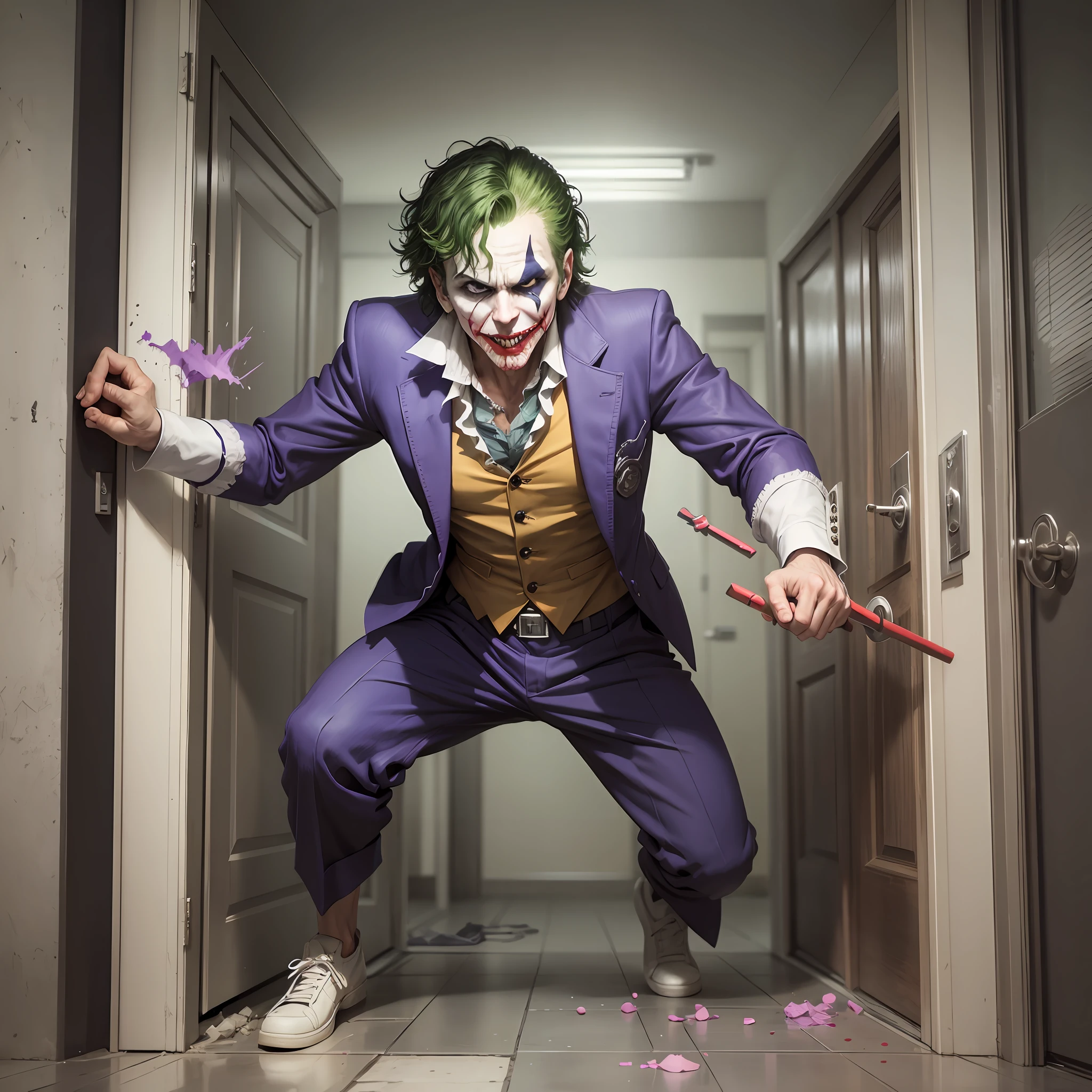 Joker knocking down a door with force, symbolizing the attitude of breaking down the door to create your own path. --auto --s2