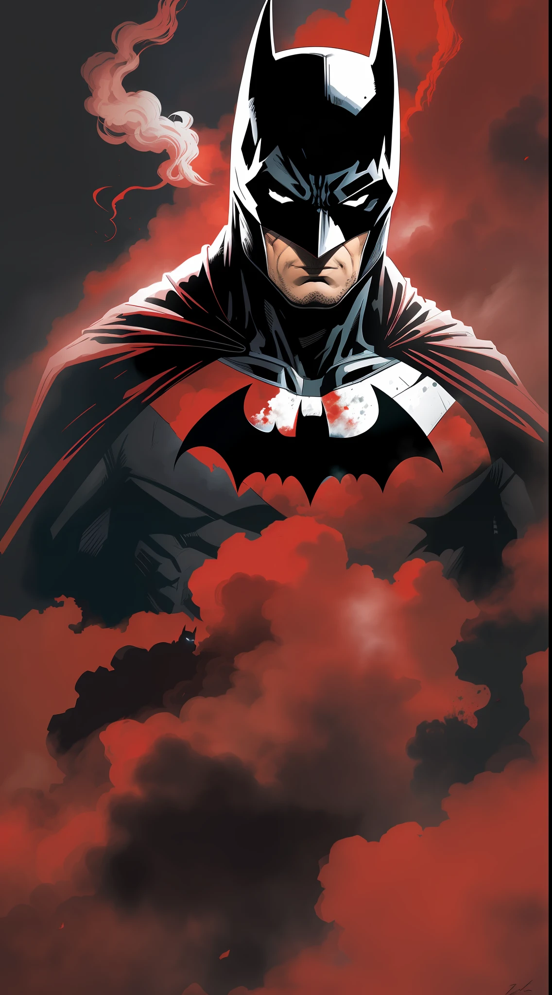 Batman in a red smoke cloud with his cape raised, inspired by Bill Sienkiewicz, Paul Byrd, inspired by Frank Miller, Zoran Mušić, Relya Penezic