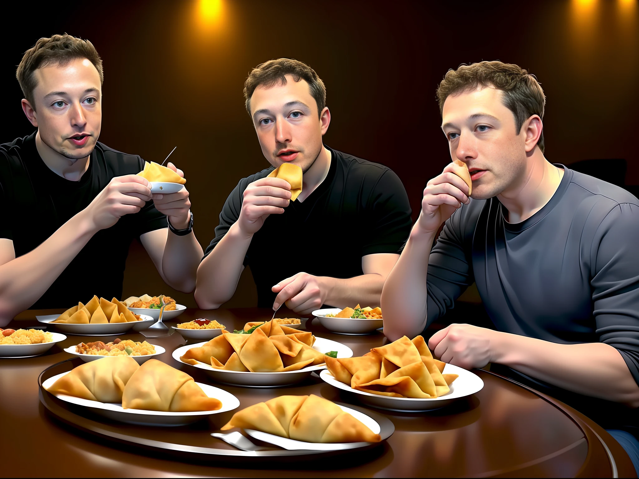 Detailed photo of Elon Musk sitting together with Mark Zuckerberg ,eating samosa at table, detailed face,medium close up view, photo realistic, two men sitting together at table, Elon musk and Mark Zuckerberg eating samosa at table, 8k resolution,