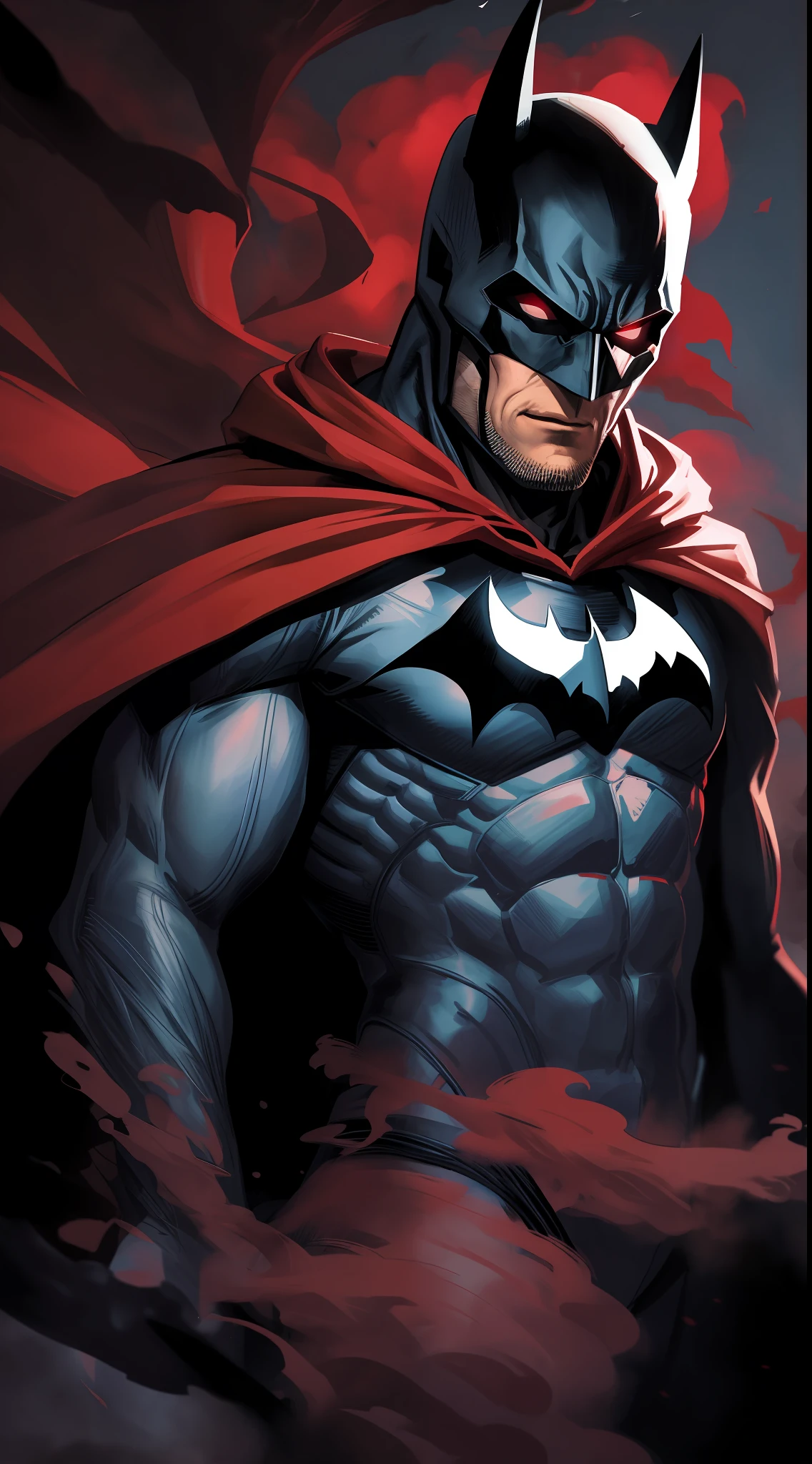 Batman in a red smoke cloud with his cape raised, inspired by Bill Sienkiewicz, Paul Byrd, inspired by Frank Miller, Zoran Mušić, Relya Penezic