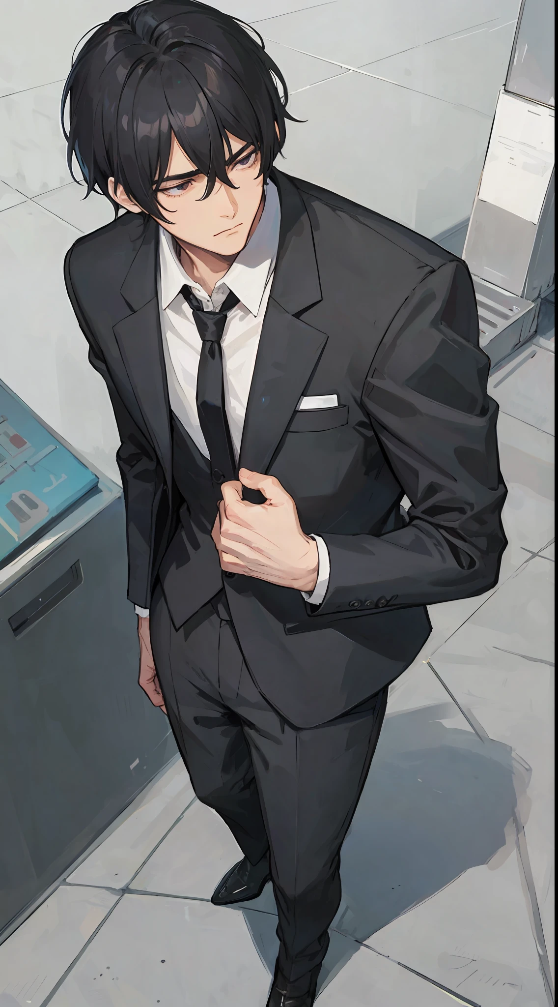 1mature man, black hair, black suit, he looks depressed