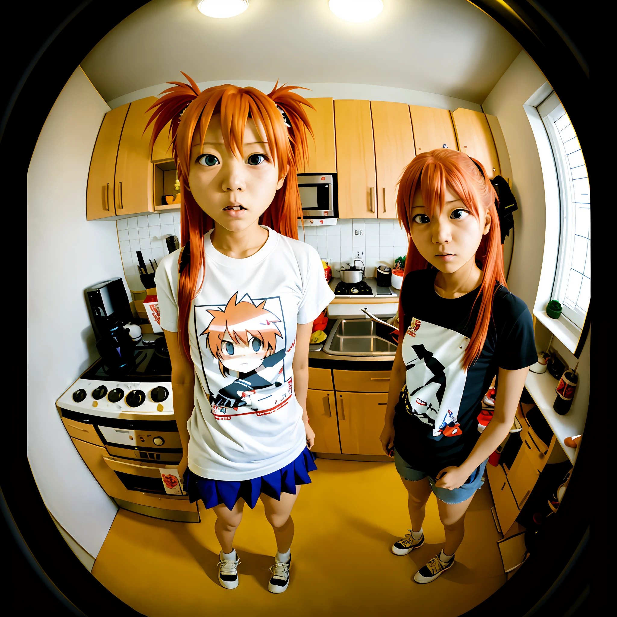 fisheye, 

1girl, angry, souryuu asuka langley, t-shirt, kitchen