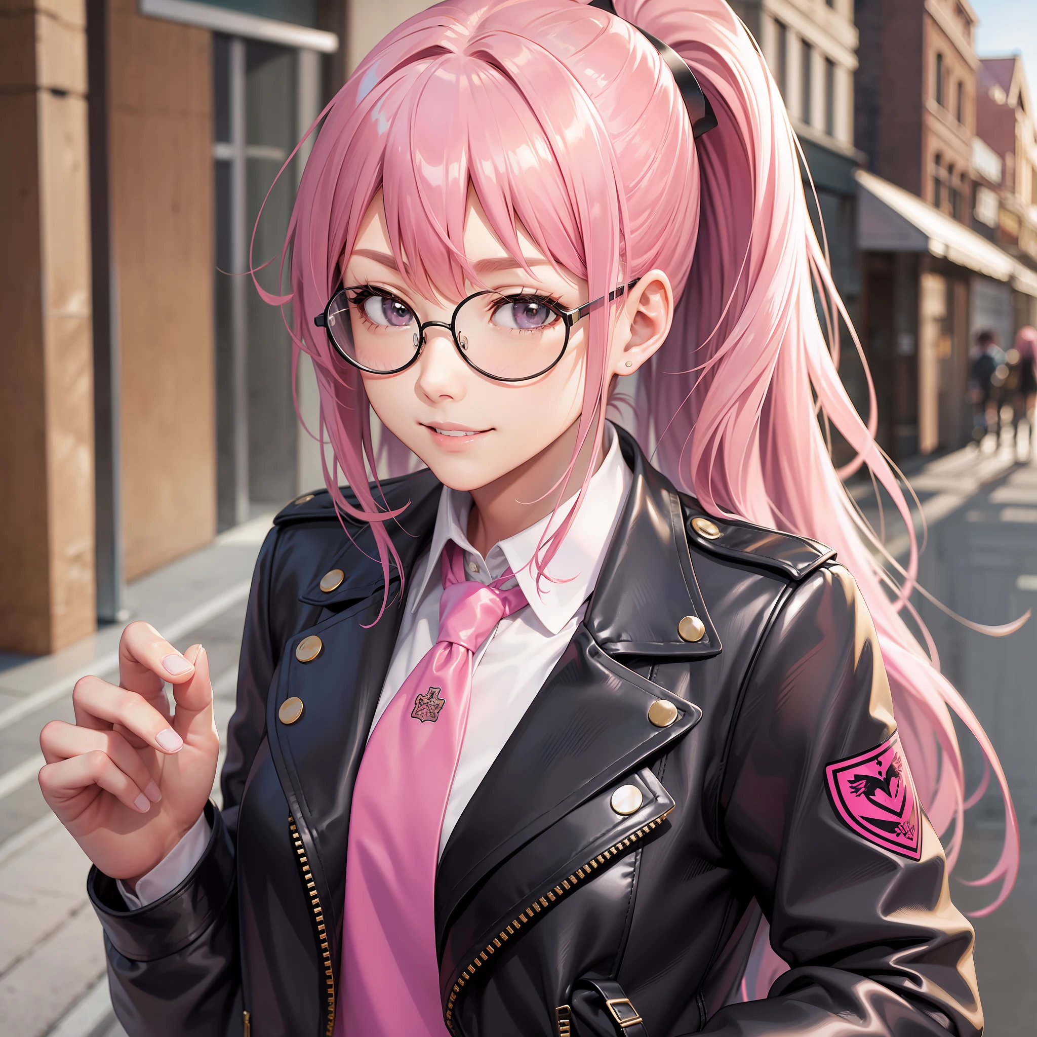 Date Glasses Leather Jacket Girl Pink Hair Long Hair Smile Uniform School Ponytail