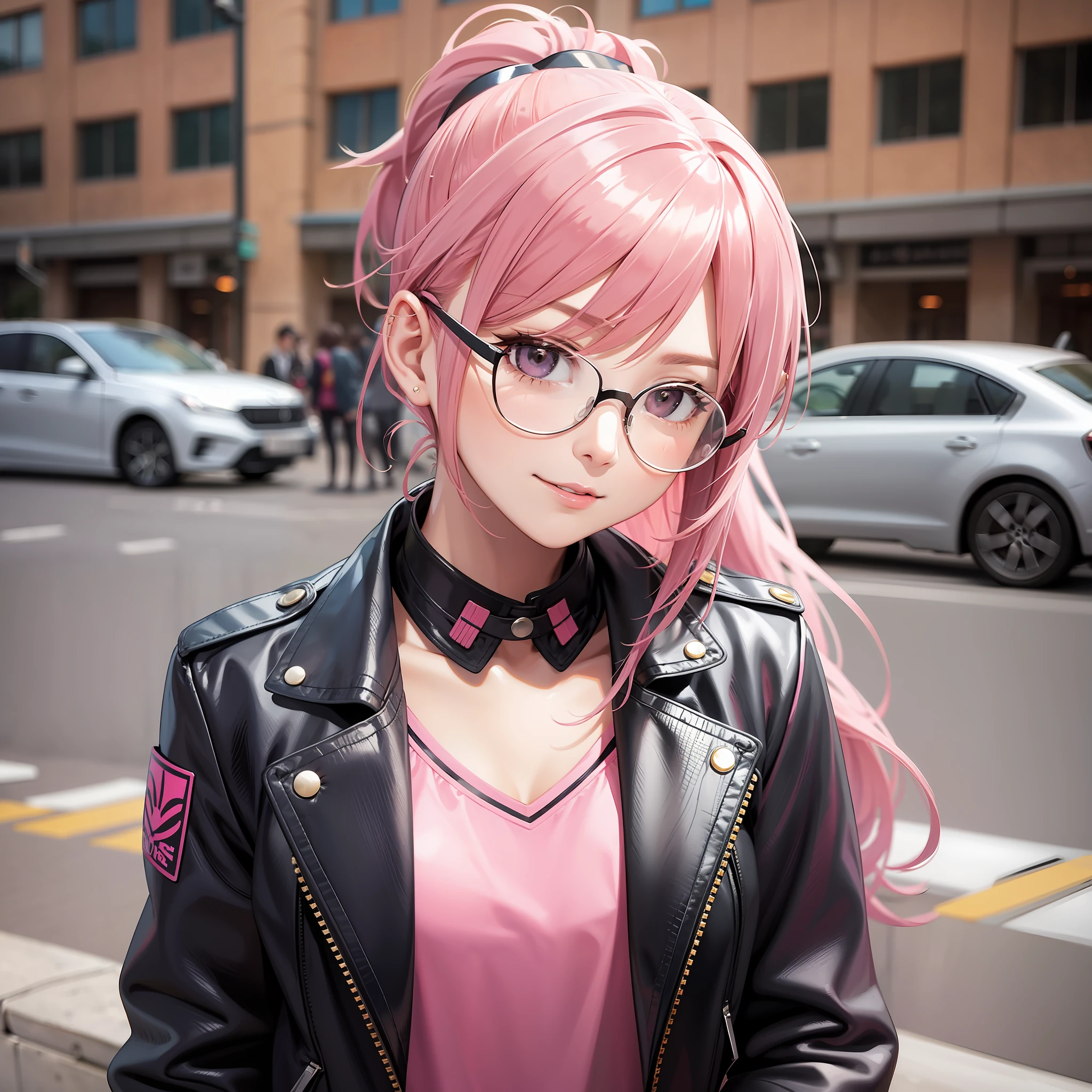 Date Glasses Leather Jacket Girl Pink Hair Long Hair Smile Uniform School Ponytail