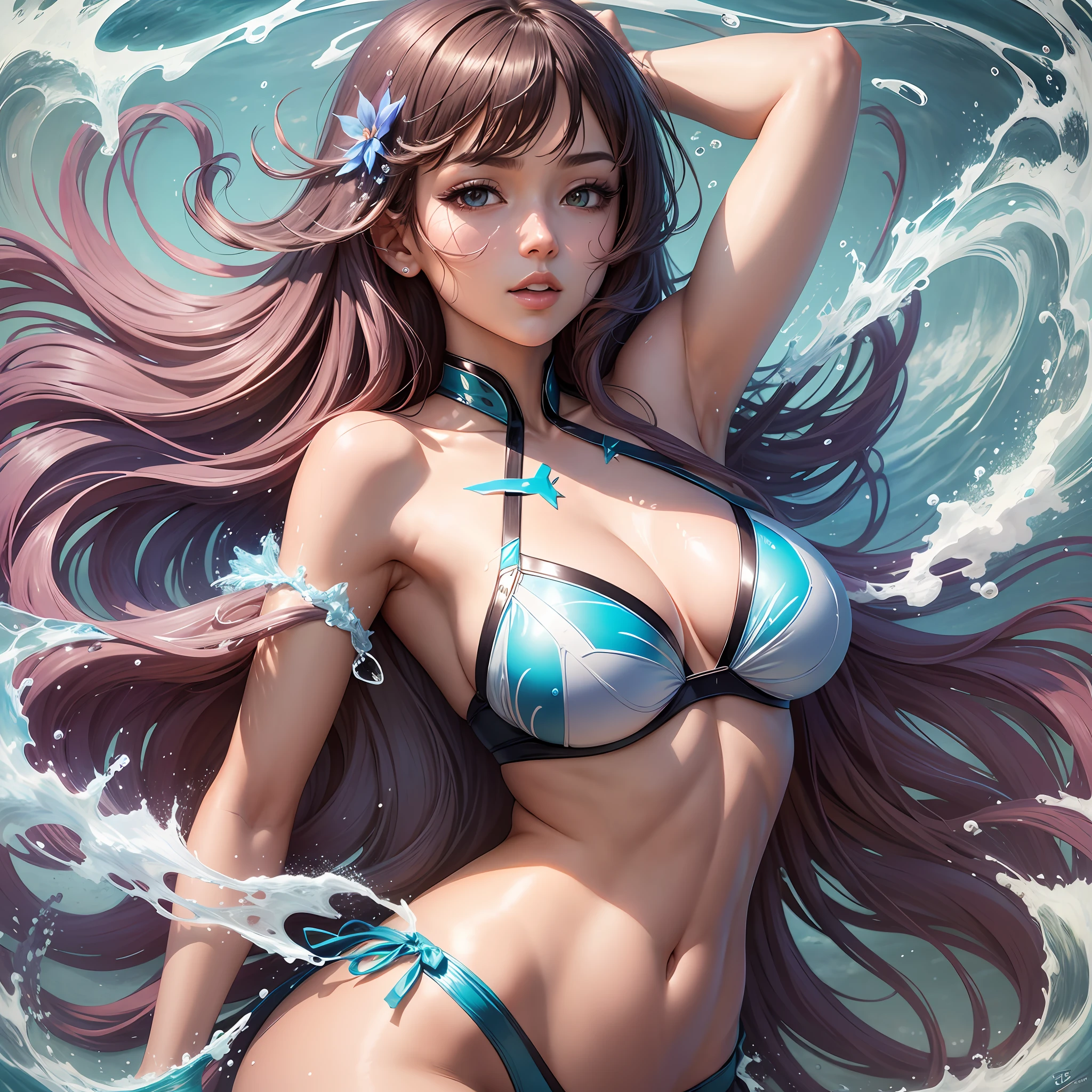 An illustration of an anime girl in a dynamic pose, capturing elegance and grace. Inspired by Artgerm, the artwork showcases clean lines, smooth shading, and vibrant colors. The intricate details of the bikini are highlighted, featuring a textured design. The water flows with fluidity, shimmering with sparkling highlights and gentle ripples. Photorealism enhances the facial expression and anatomy, while the lighting creates an atmospheric ambiance. --v 5 --stylize 1000 --auto --s2