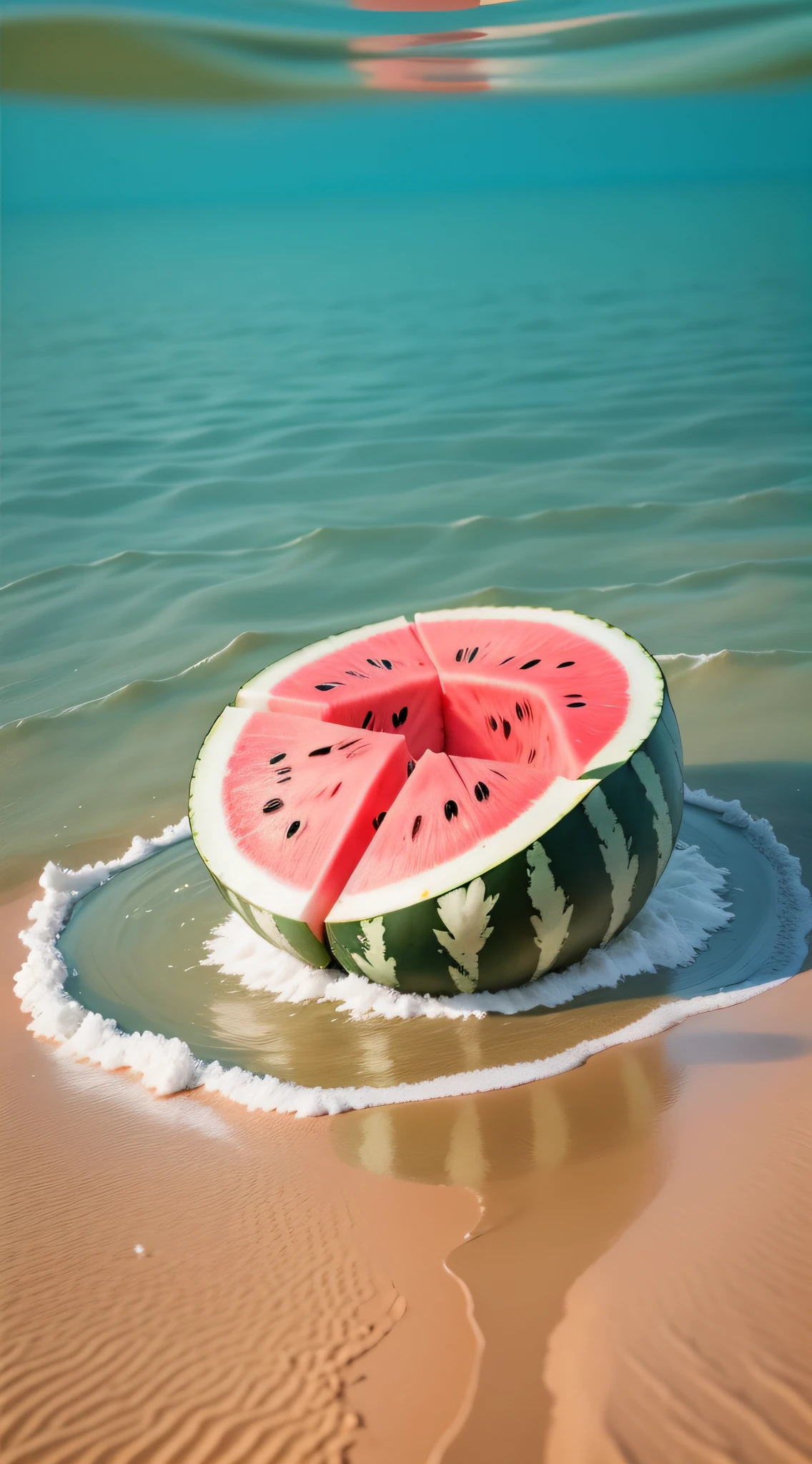 Cut watermelon, floating on the surface of the sea, cut watermelon is the main element, sand, sea surface