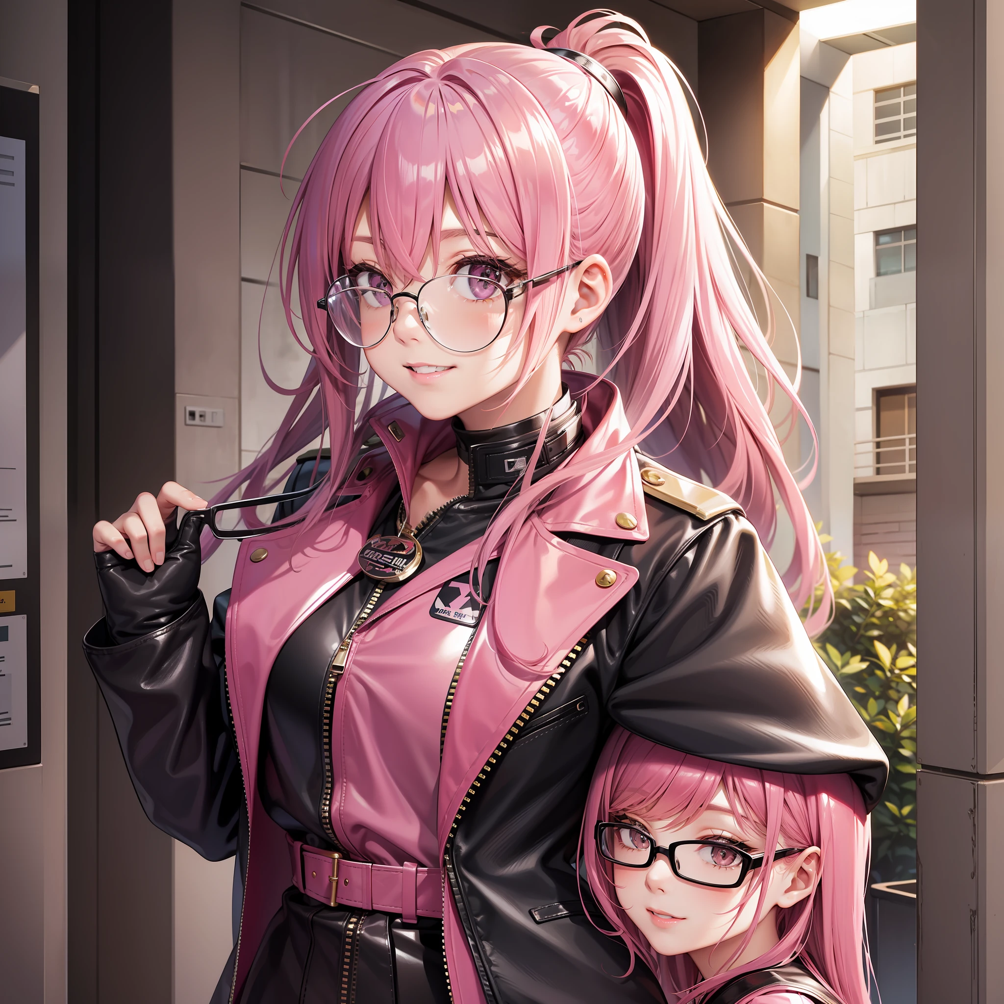 Date Glasses Leather Jacket Girl Pink Hair Long Hair Smile Uniform School Ponytail