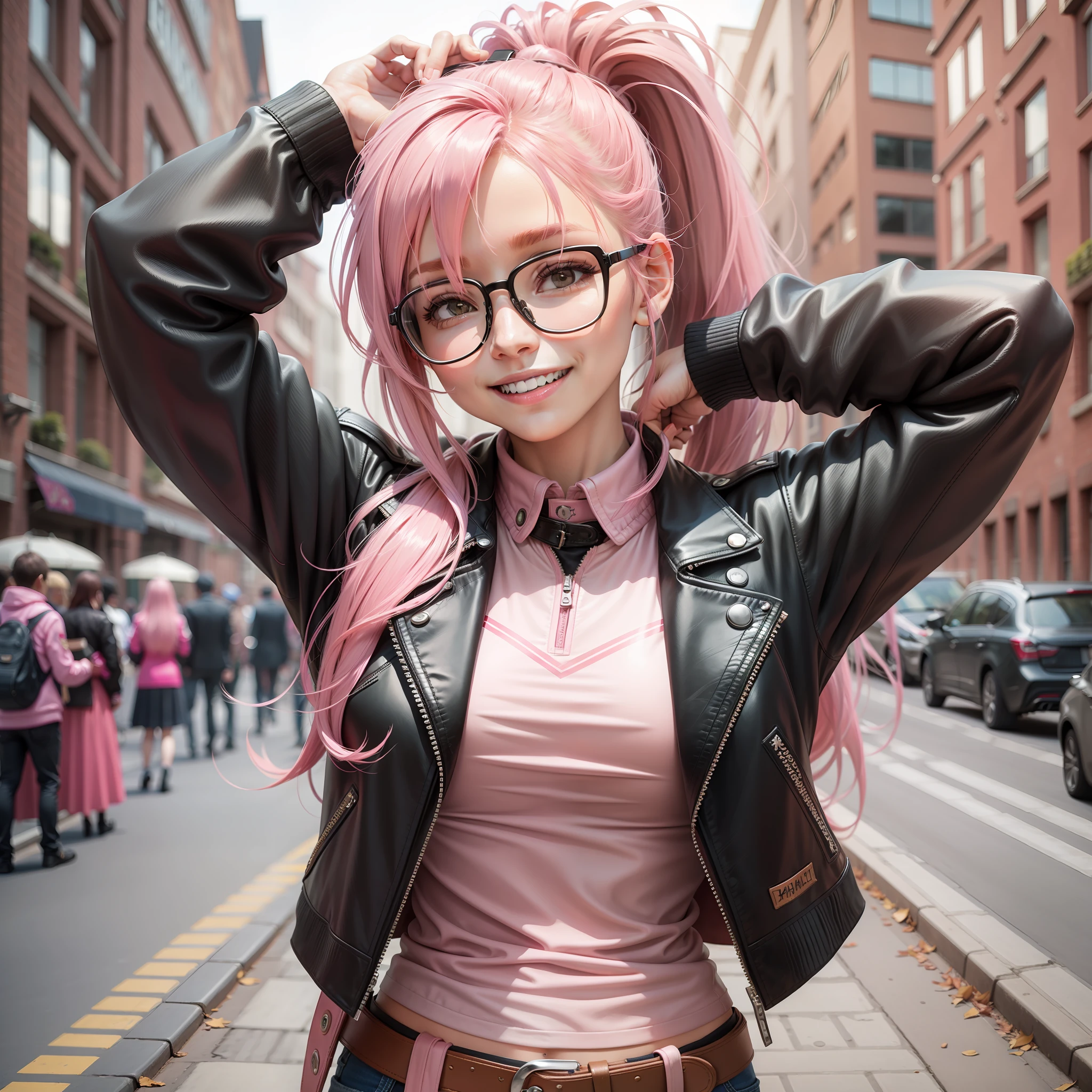 Date Glasses Leather Jacket Girl Pink Hair Long Hair Smile Uniform School Ponytail