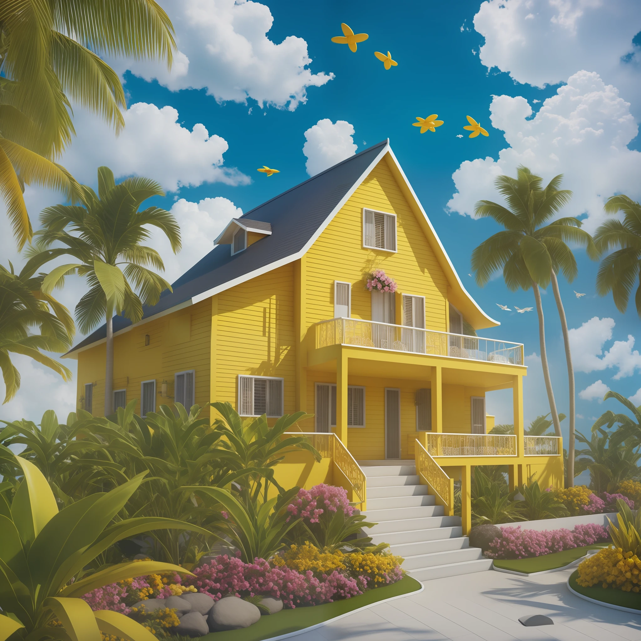 mango, yellow, house, sea world, clouds, flower,no background, C4D, OC rendering, HD, realistichyper-detailed rendering style, octane rendering,beautiful, surrealistic, --ar 3:4--s 180 --nij 5