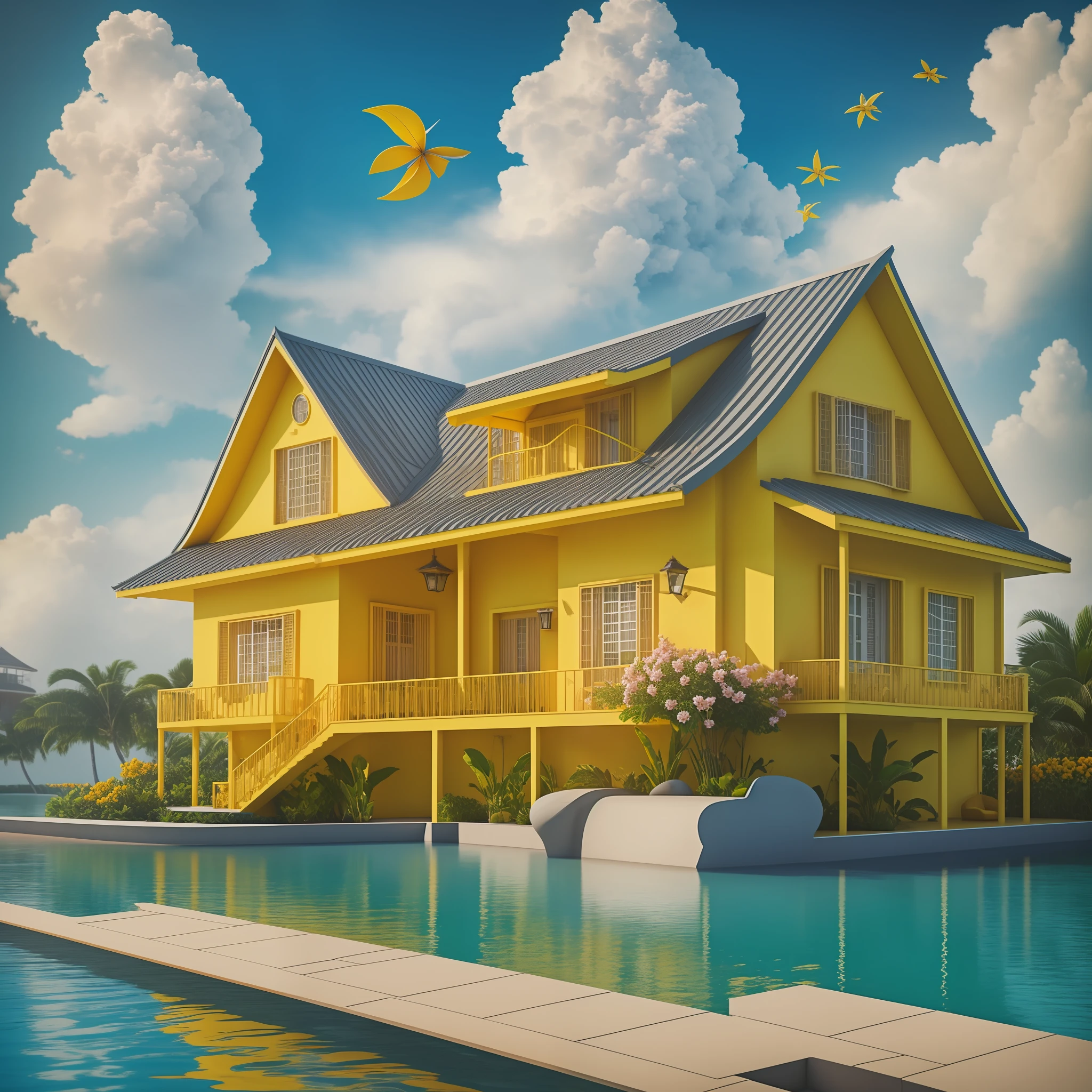 mango, yellow, house, sea world, clouds, flower,no background, C4D, OC rendering, HD, realistichyper-detailed rendering style, octane rendering,beautiful, surrealistic, --ar 3:4--s 180 --nij 5