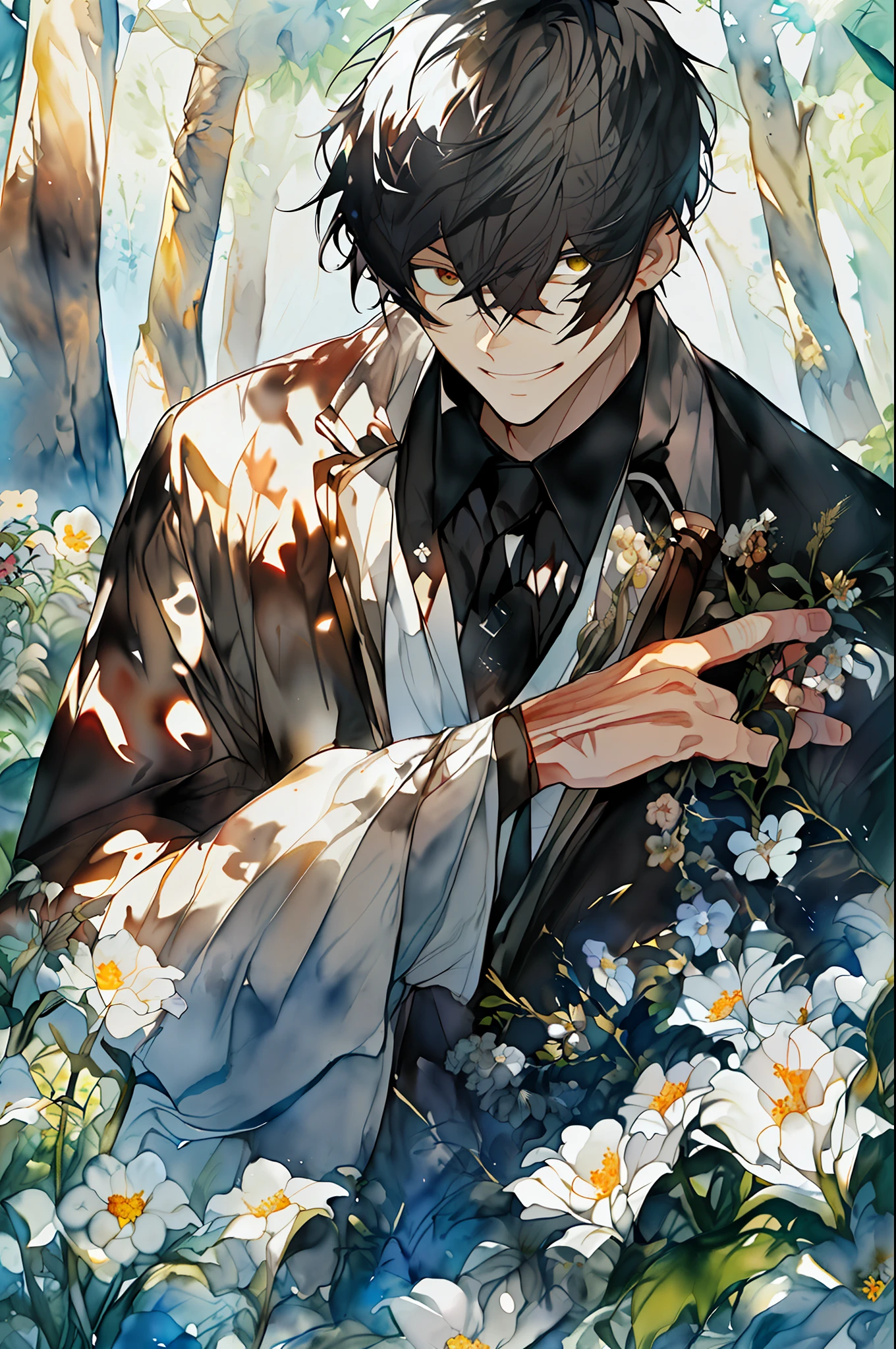 (Watercolor: 1.2),(((Masterpiece: 1.2, best quality)), 2 men, old man, nice middle, muscular, valiant, strong, black knight, short black hair, uniform, white robe, scar on right eye, black armor, fantasy, forest, blooming flowers, sunlight, fantastic light and shadow, landscape, highly detailed face, portrait, smile