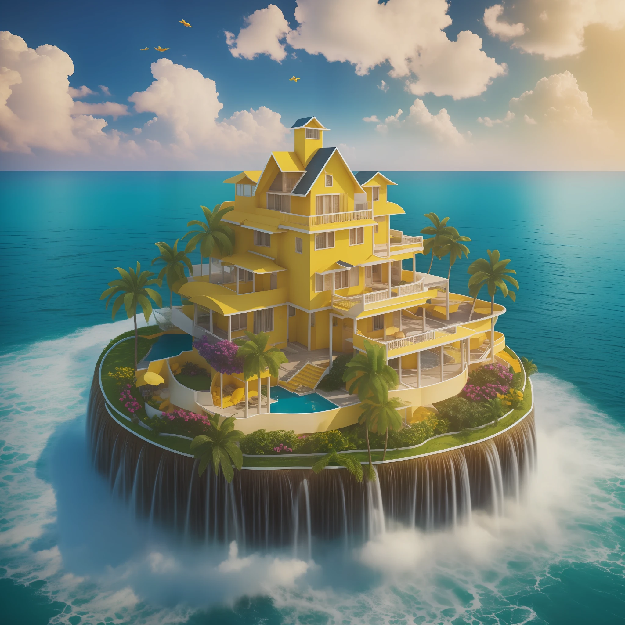 mango, yellow, house, sea world, clouds, flower,no background, C4D, OC rendering, HD, realistichyper-detailed rendering style, octane rendering,beautiful, surrealistic, --ar 3:4--s 180 --nij 5