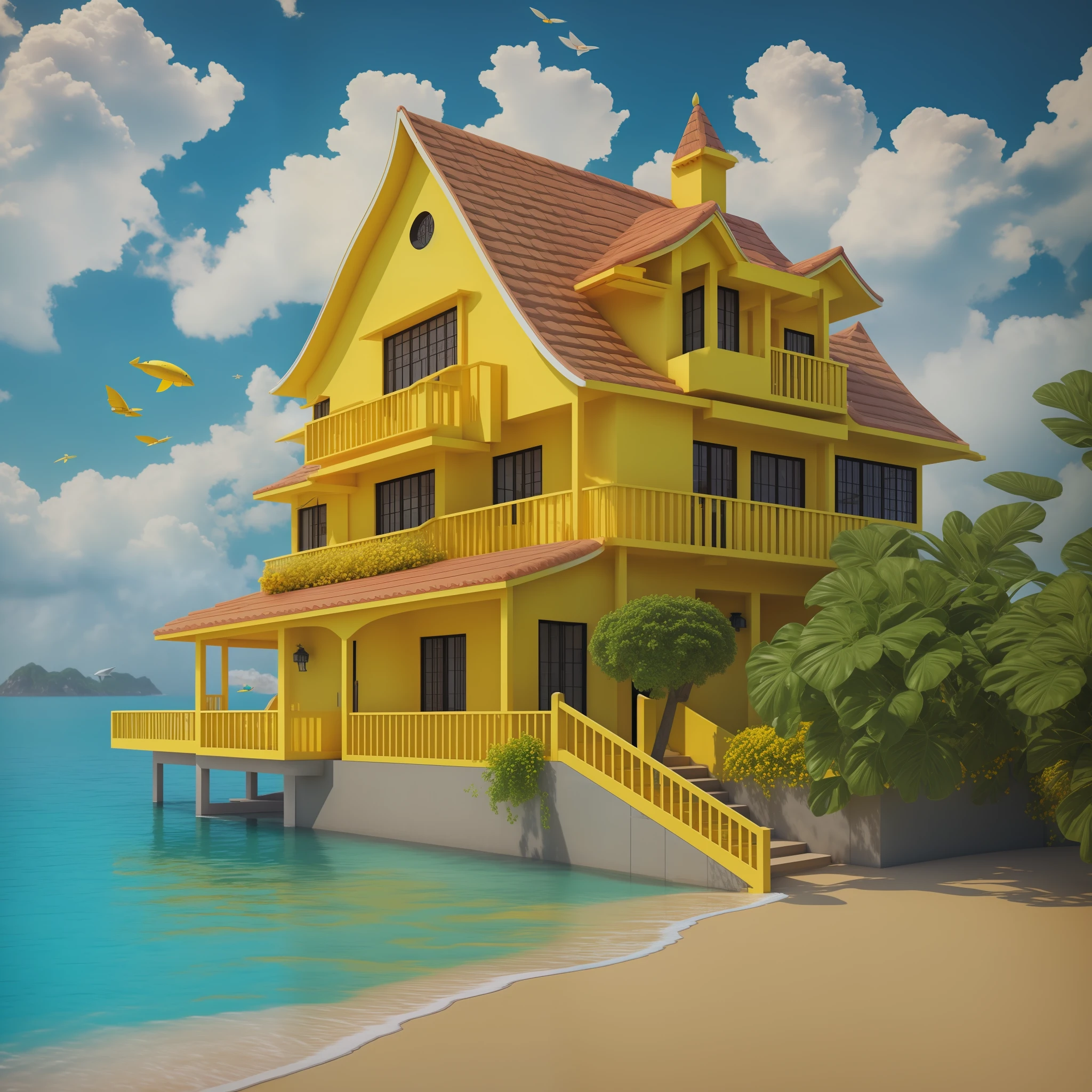 mango, yellow, house, sea world, clouds, flower,no background, C4D, OC rendering, HD, realistichyper-detailed rendering style, octane rendering,beautiful, surrealistic, --ar 3:4--s 180 --nij 5