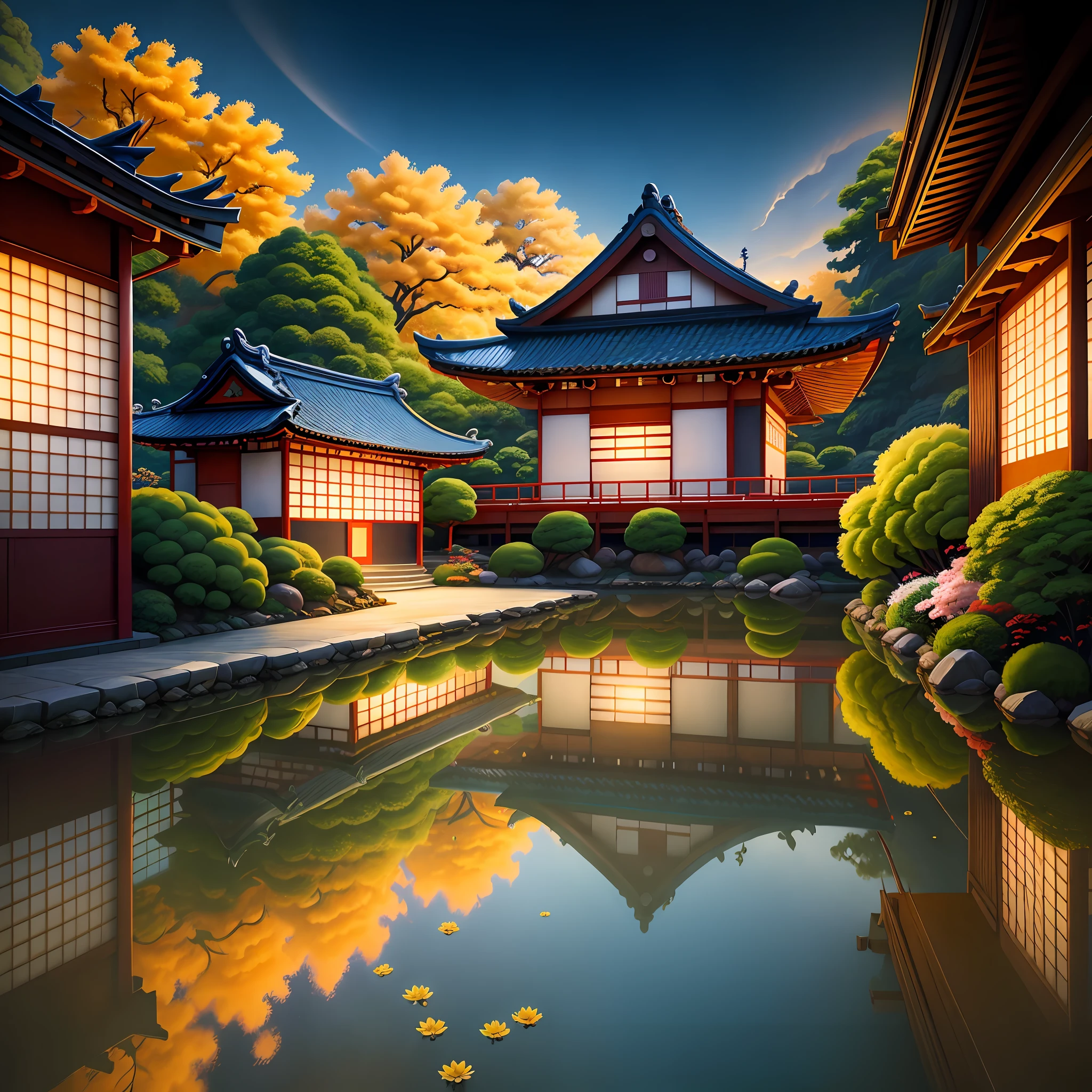 (Digital Painting), (Best Quality), Noisy Japanese Garden, Blooming Chrysanthemums, Sake Meat Pool, Footbridge, Kokumo, Ukiyo-e Art Style, Katsushika Hokusai Inspiration, Deviant Art popular, 8k hyper-realism, soft color scheme, soft lighting, golden hour, tranquil atmosphere, landscape
