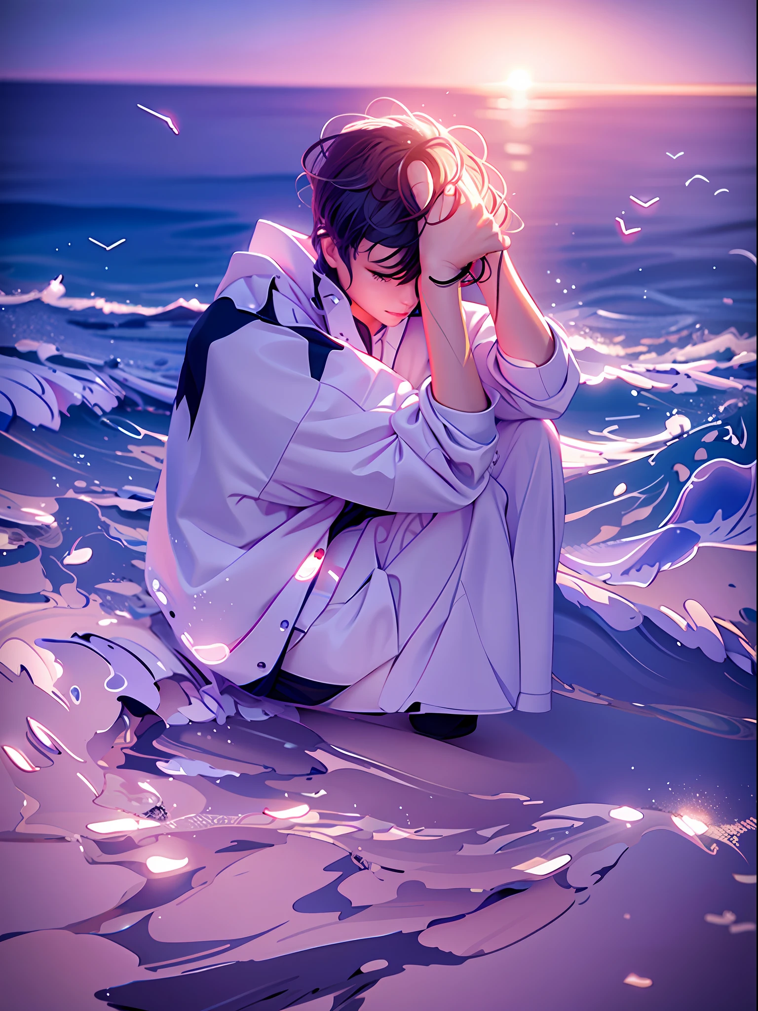Poor white kid standing alone by the sea, Full of sad feelings, Guvez style artwork, 3D anime reality, realistic anime 3D style, anime. Soft lighting, anime style 3D, realistic young anime girl, smooth anime CG art, anime style. 8K
