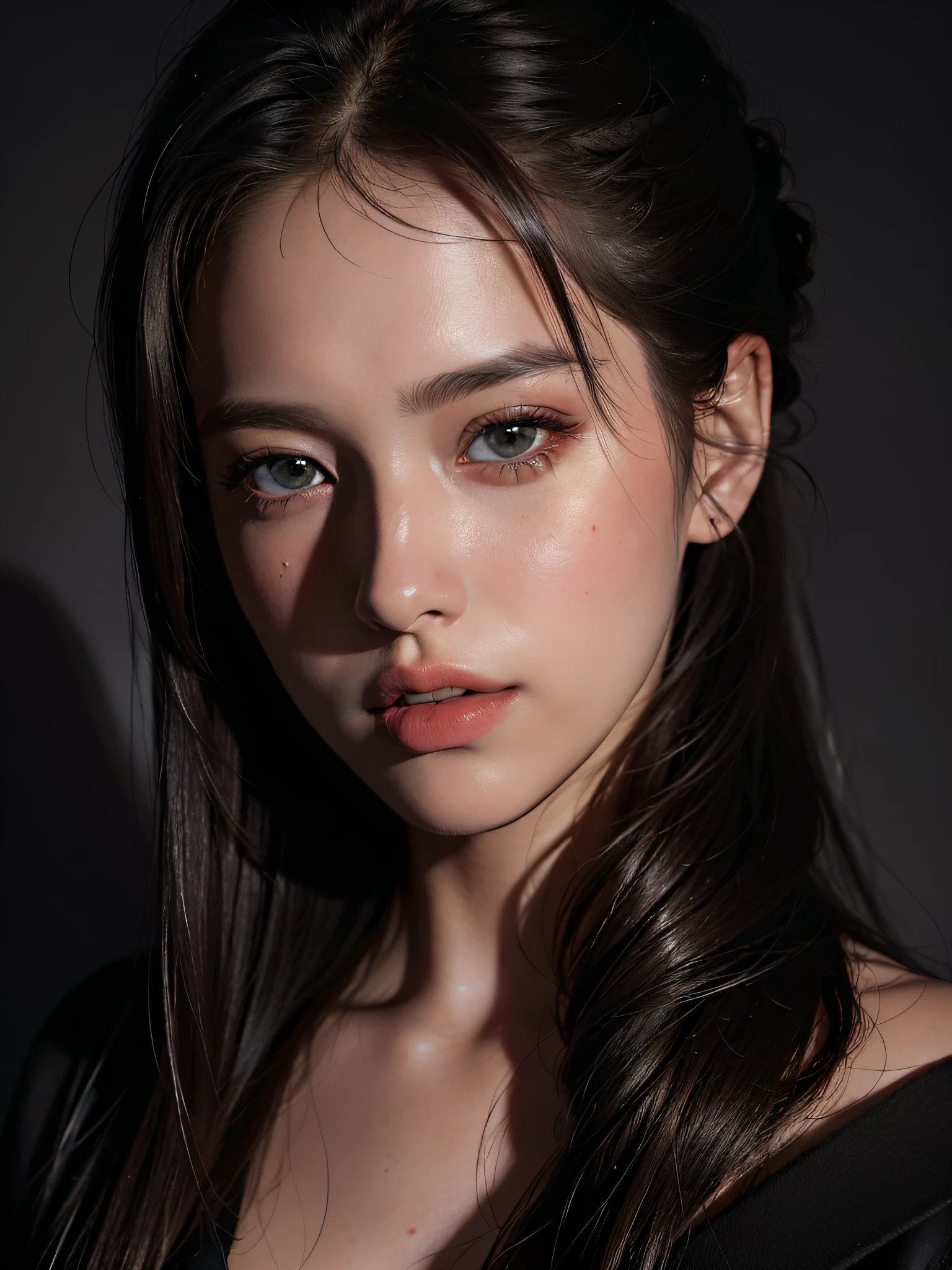 Best quality, masterpiece, ultra high res, (photorealistic:1.4), raw photo, 1girl, offshoulder, in the dark, deep shadow, low key, cold light