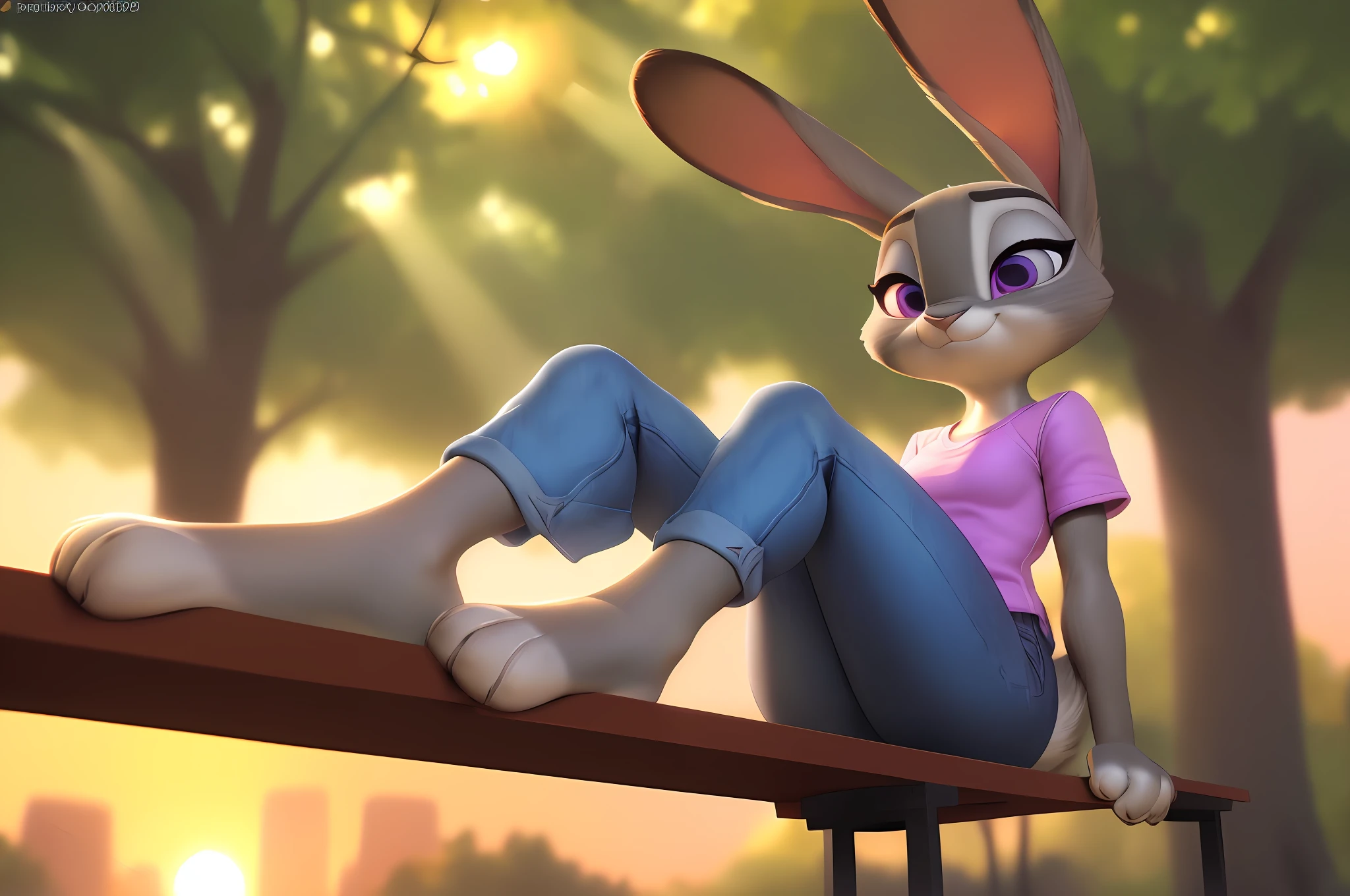 [JudyHopps], [Uploaded to e621.net; (Pixelsketcher), (wamudraws), (siroc)], ((masterpiece)), ((solo portrait)), ((1girl)), ((full body)), ((raw photo)), ((foot focus)), ((furry; anthro)), ((detailed fur)), ((raytracing)), ((detailed shading)), ((beautiful 3D art)), ((ambient lighting)), {anthro rabbit; (grey fur, black nose, 2 multicolored rabbit ears), cute purple eyes, happy, (lavender shirt, blue denim skinny jeans, small boobs, beautiful legs, (beautiful feet; 4 toes))}, ((sitting on bench; legs crossed) attractive pose), [background; (park; (sunrise, bright sun, green trees, sun rays through trees]