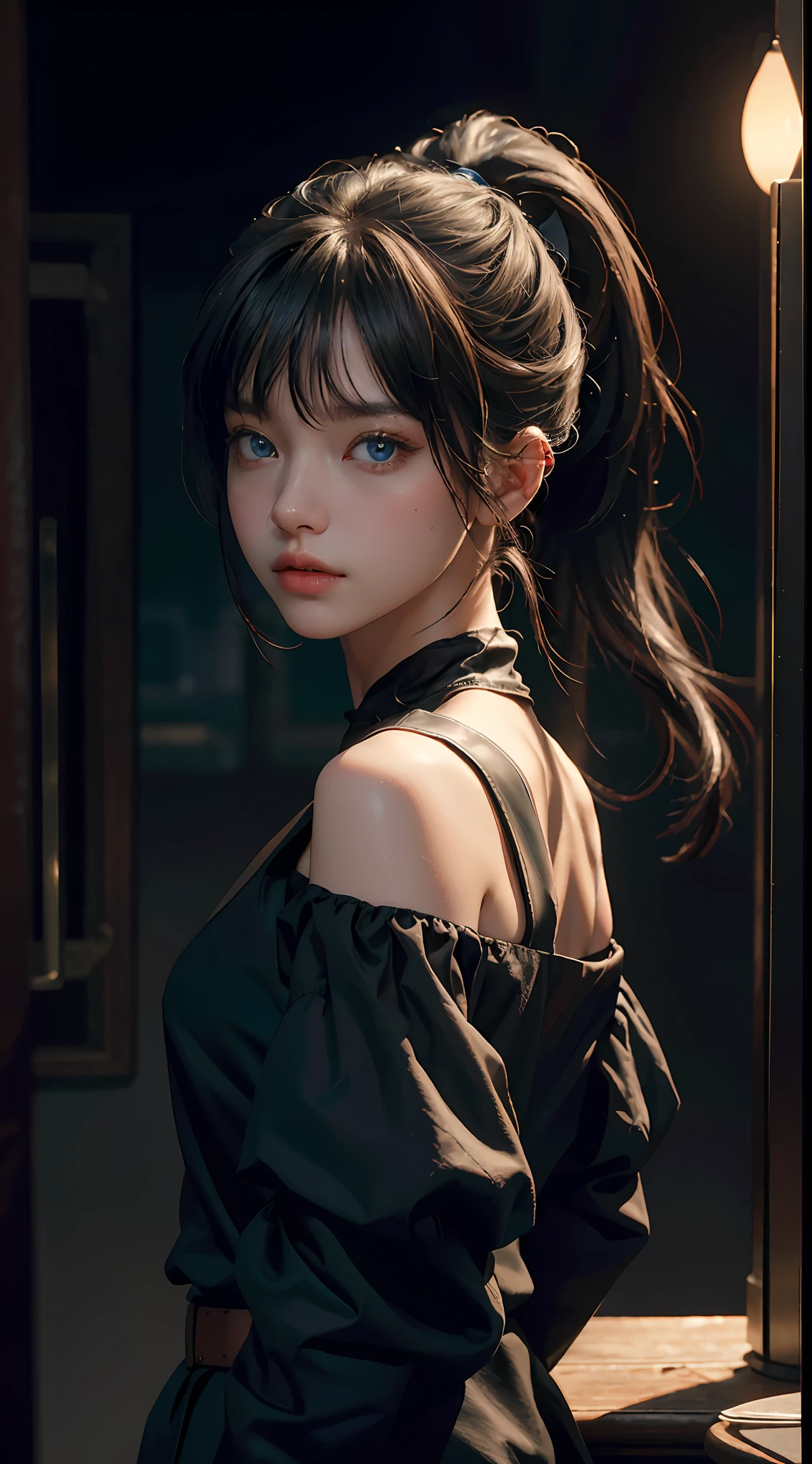 Best Quality, Masterpiece, Ultra High Resolution, (Realisticity: 1.4), Original Photo, 1Girl, Blue Eyes, Off-Shoulders, Cinematic Lighting, Bangs, High Ponytail,