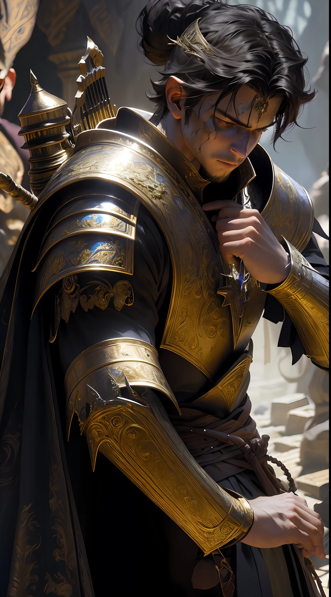 A man in armor fights bloody, epic fantasy digital art style, epic fantasy art style HD, epic fantasy art style, detailed fantasy digital art, epic fantasy style art, detailed fantasy art, epic exquisite character art, 4K fantasy art, 2. 5 D CGI anime fantasy artwork with man wearing a flower on his head, photo of the most beautiful artwork in the world with a soft sheen, ((epic hero fantasy, wounded hero, dynamic pose of dying on the floor, great location, majestic clutter environment)), full body 8k uniform rendering, action shots, skin pores, very dim lighting, heavy shadows, detailed, detailed face, (vibrant, photo realistic, realistic, dramatic, dark, sharp focus, 8k), (Complex: 1.4), Decadence, (High Detail: 1.4), Digital Painting, Octane Rendering, ArtStation, Concept Art, Smooth, Sharp Focus, Illustration, Artgerm Art, (Loish:0.23), Wlop Ilya Kuvshinov, and Greg Rukowski and Alphonse Mucha Gracias, (Global illumination, Studio light, volumetric light), particle floating